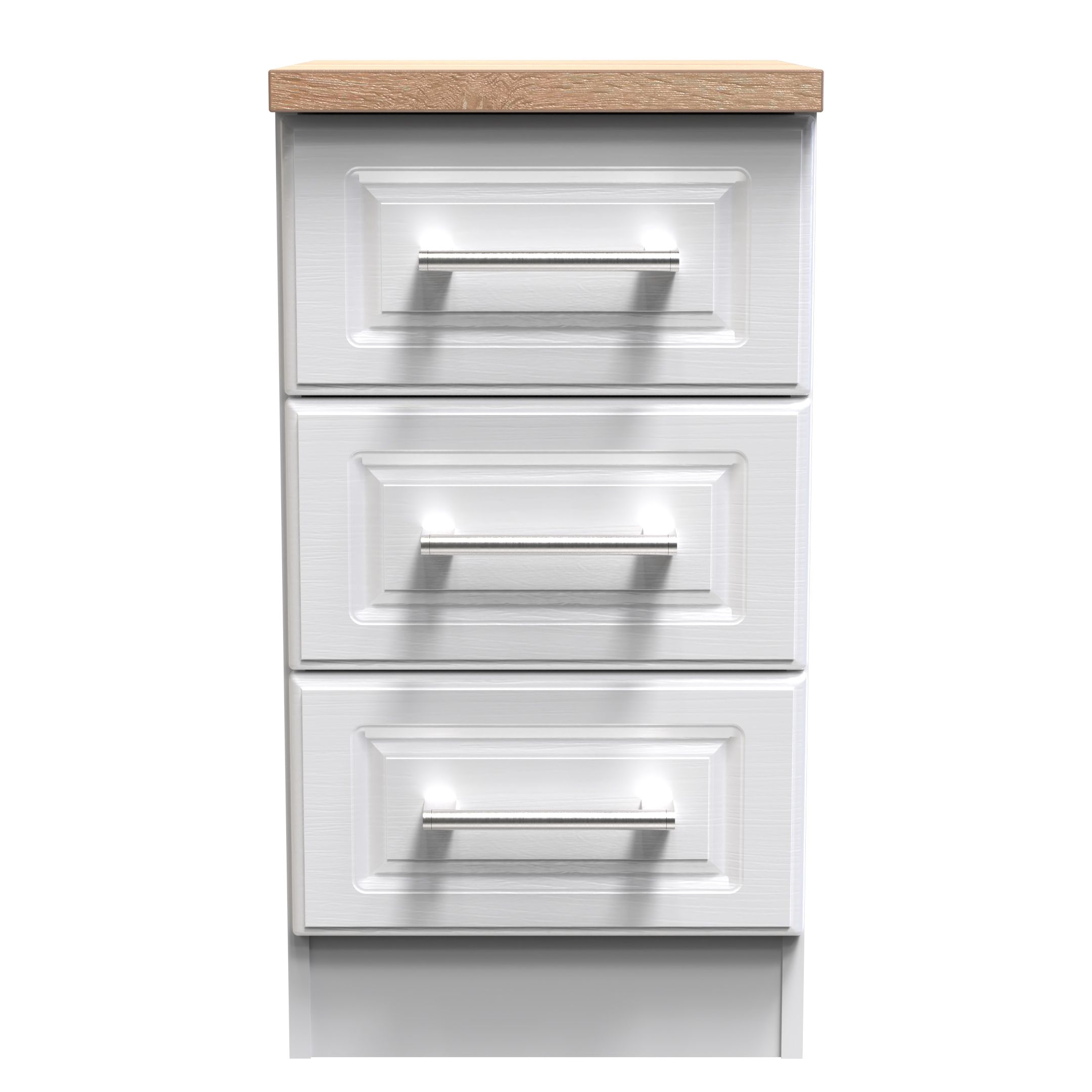 Kent Ready assembled Matt white light oak effect 3 Drawer Bedside chest (H)695mm (W)395mm (D)415mm