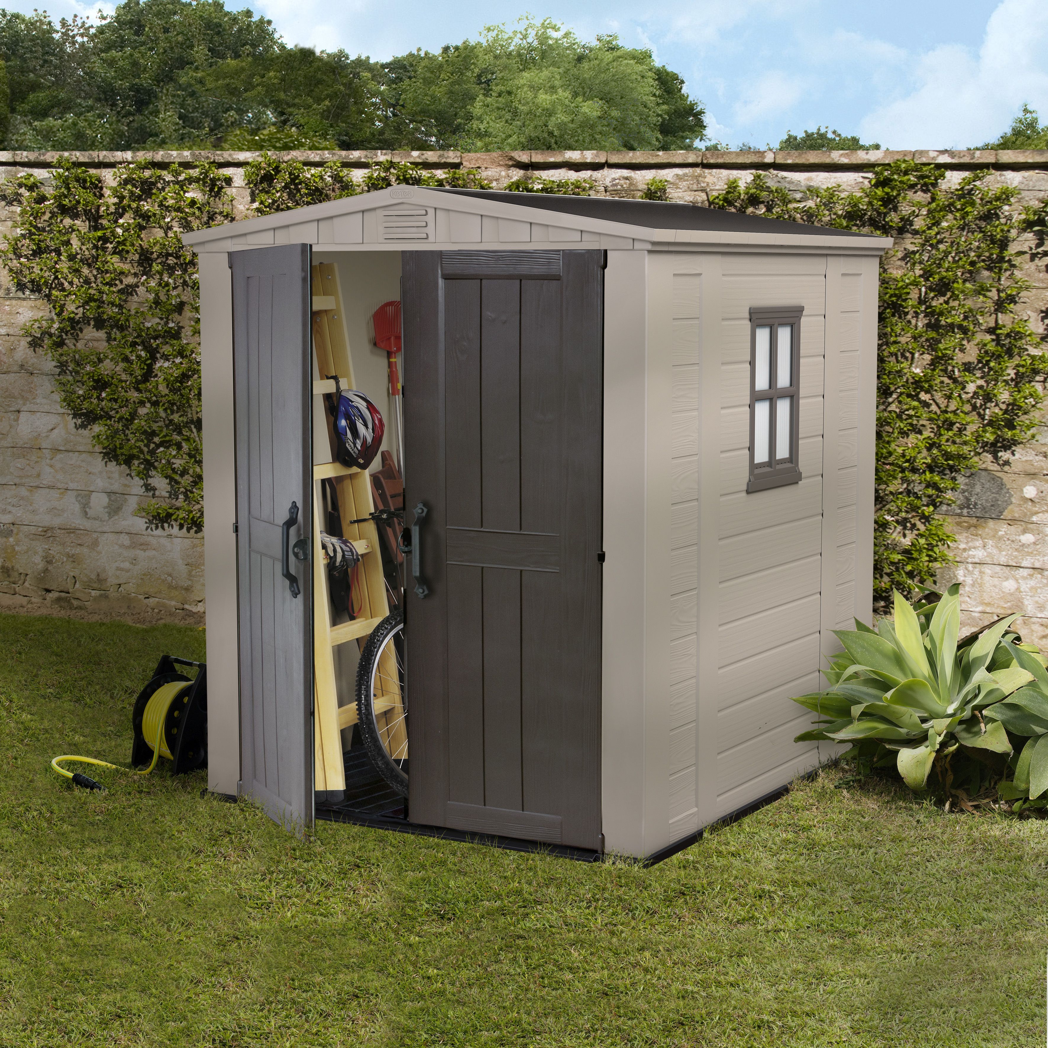Keter Factor 6x6 ft Apex Beige Plastic 2 door Shed with floor & 1 window