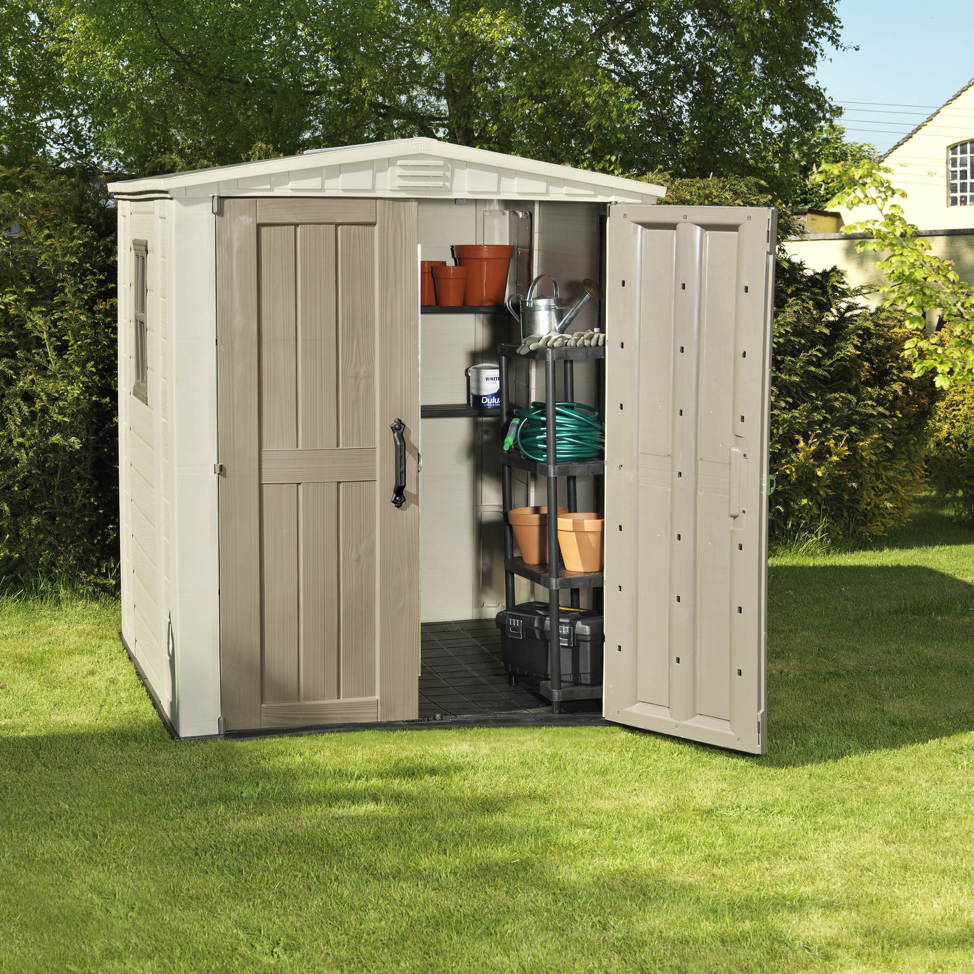 Keter Factor 6x6 ft Apex Beige Plastic 2 door Shed with floor & 1 window