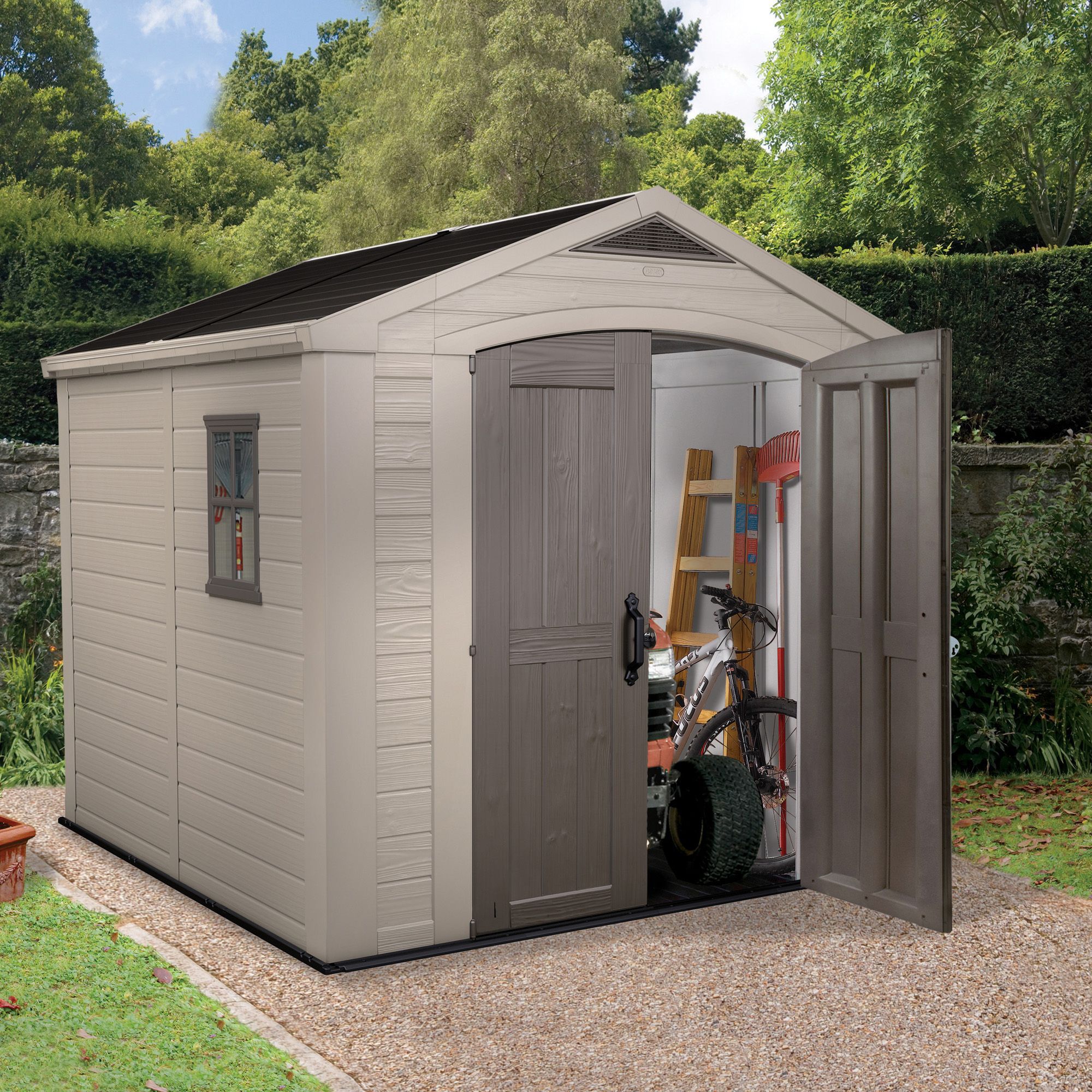 Keter Factor 8x8 ft Apex Beige Plastic 2 door Shed with floor & 1 window
