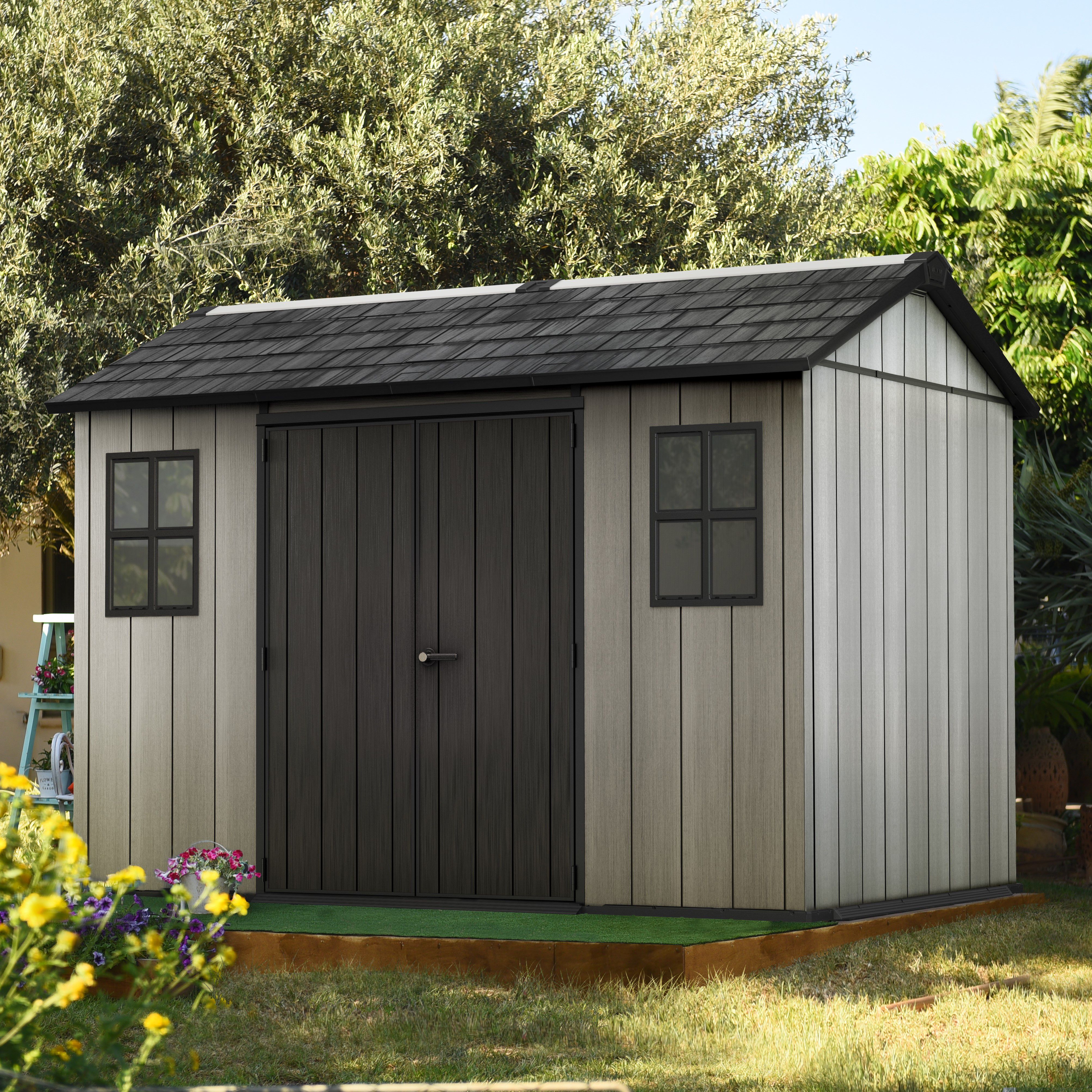 Keter Oakland Apex Grey Plastic 2 door Shed with floor & 2 windows