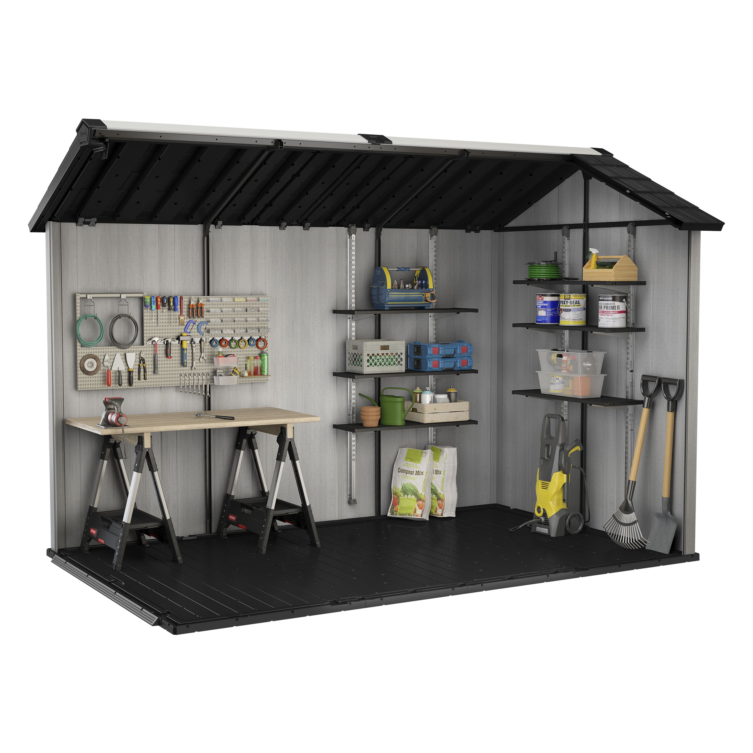 Keter Oakland Apex Grey Plastic 2 door Shed with floor & 2 windows