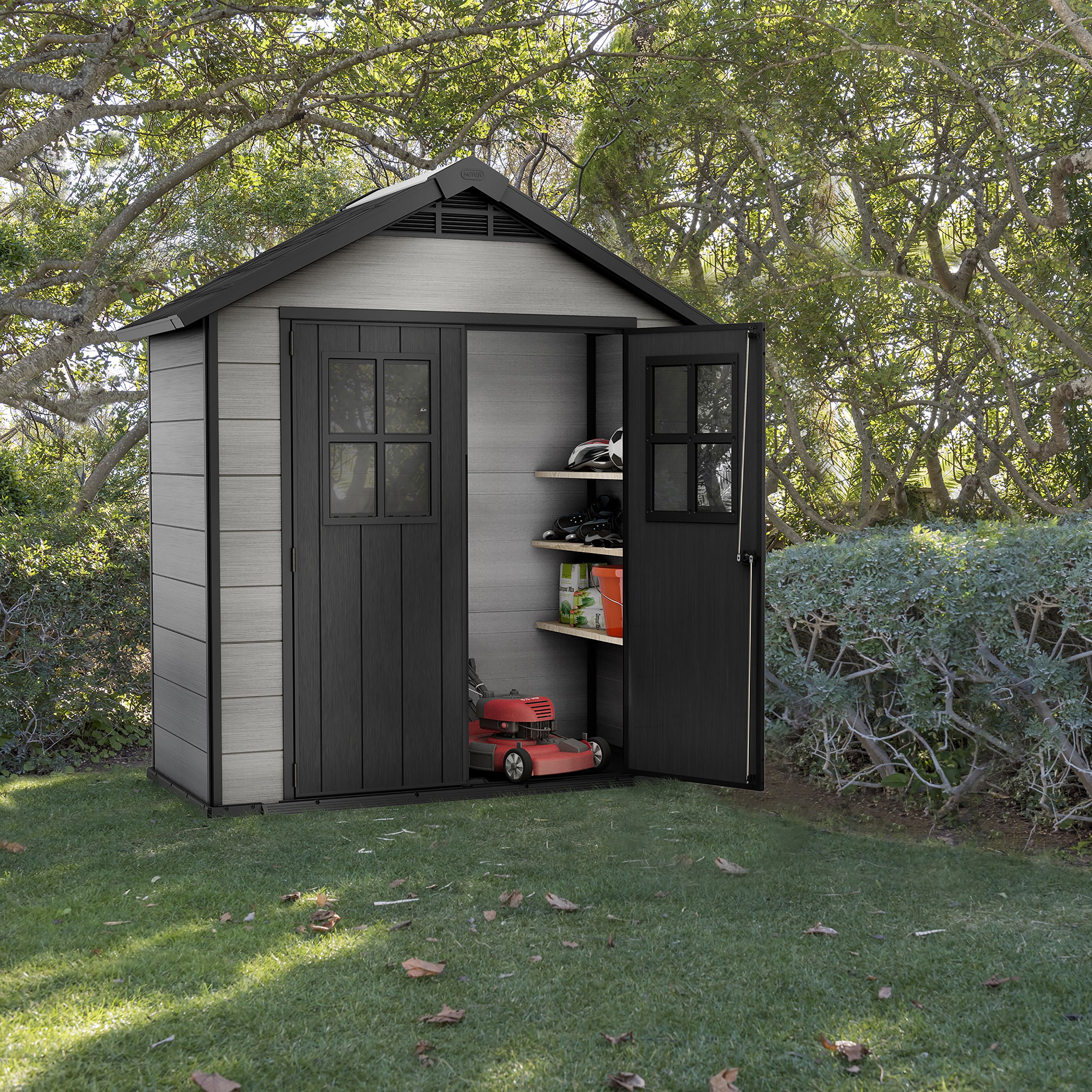 Keter Oakland Grey Plastic 2 door Shed with floor & 2 windows (Base included)