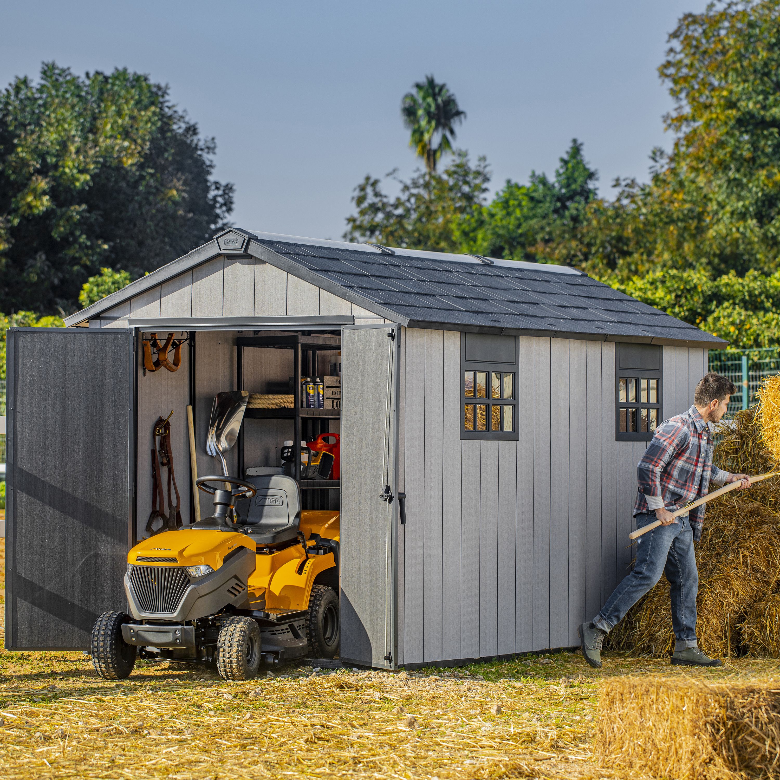 Keter Oakland Grey Plastic 2 door Shed with floor & 2 windows (Base included)