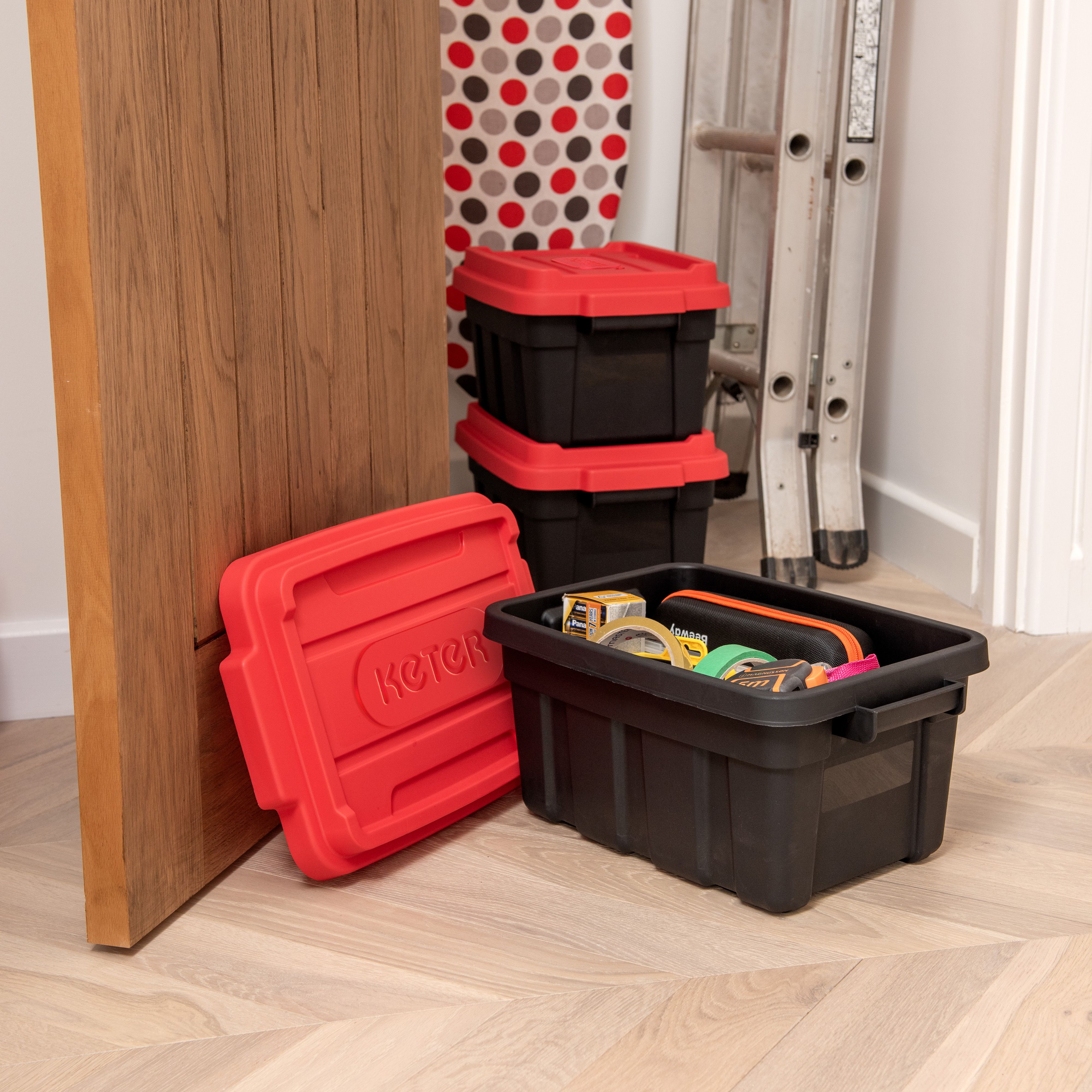Keter Tuff Tote Black & Red 37L Medium Stackable Storage box with Lid