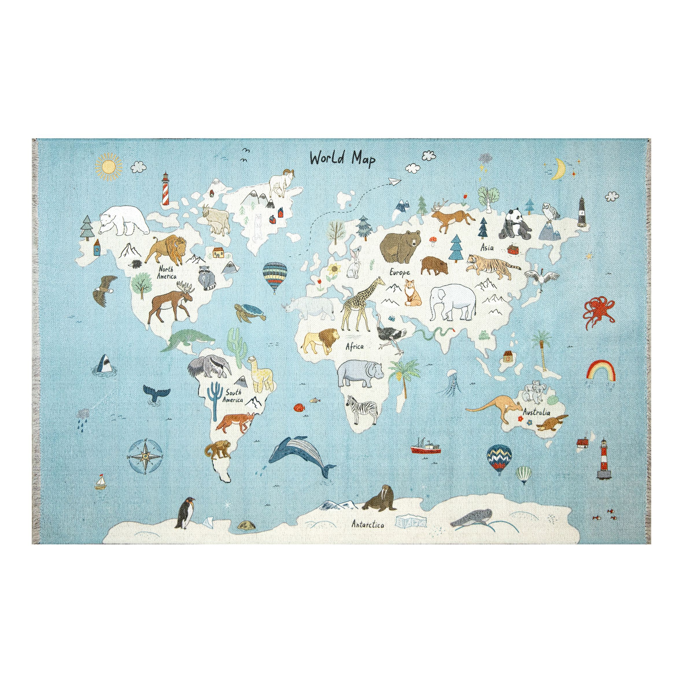 Kids Multicolour Animal Map Woven effect Medium Rug 150cmx100cm