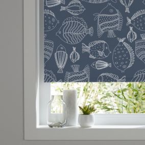 Kitchen & bathroom blinds Corded Fish print navy Blackout Roller blind (W)60cm (L)180cm