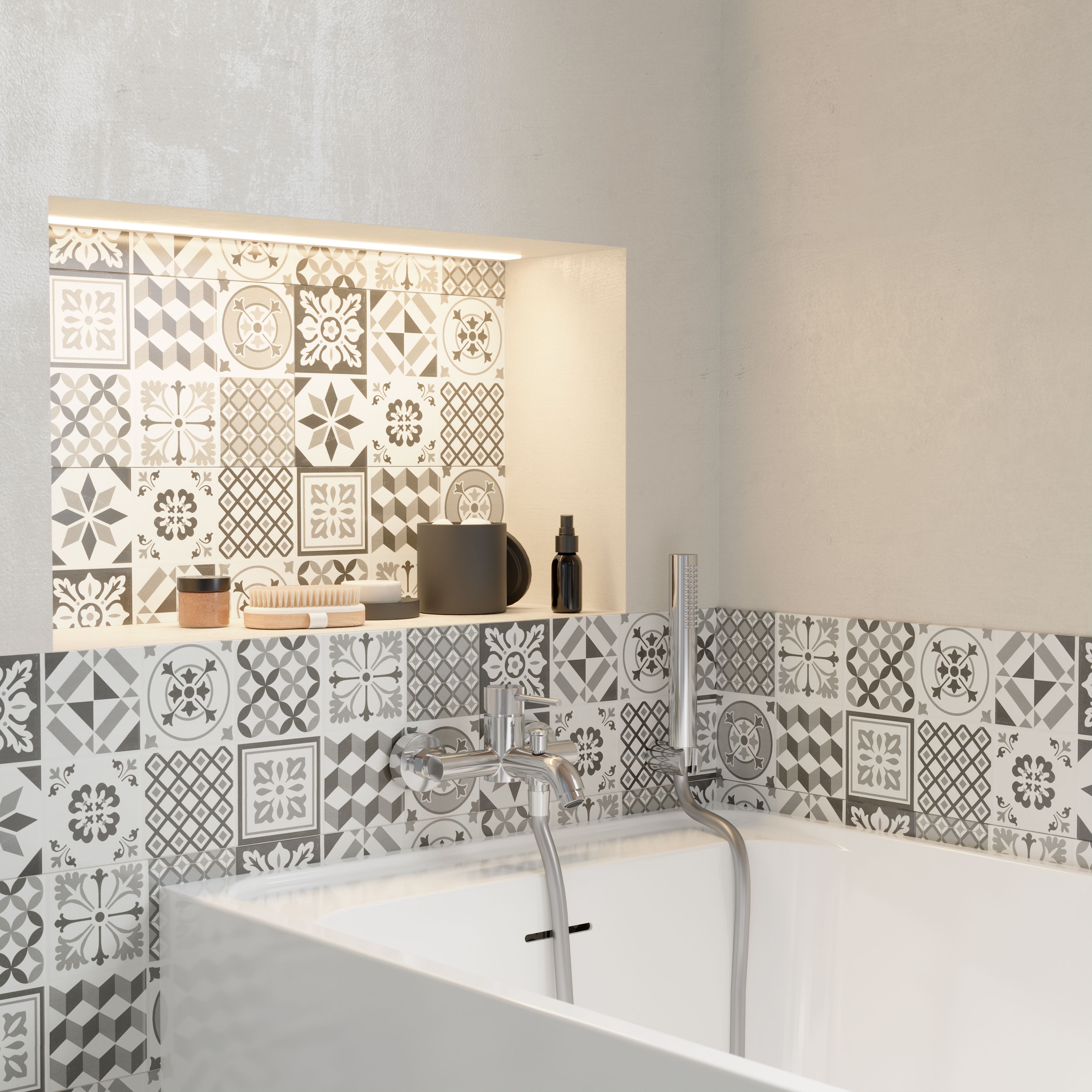 Konkrete Black & white Matt 3D decor Concrete effect Ceramic Wall Tile, Pack of 8, (L)600mm (W)200mm
