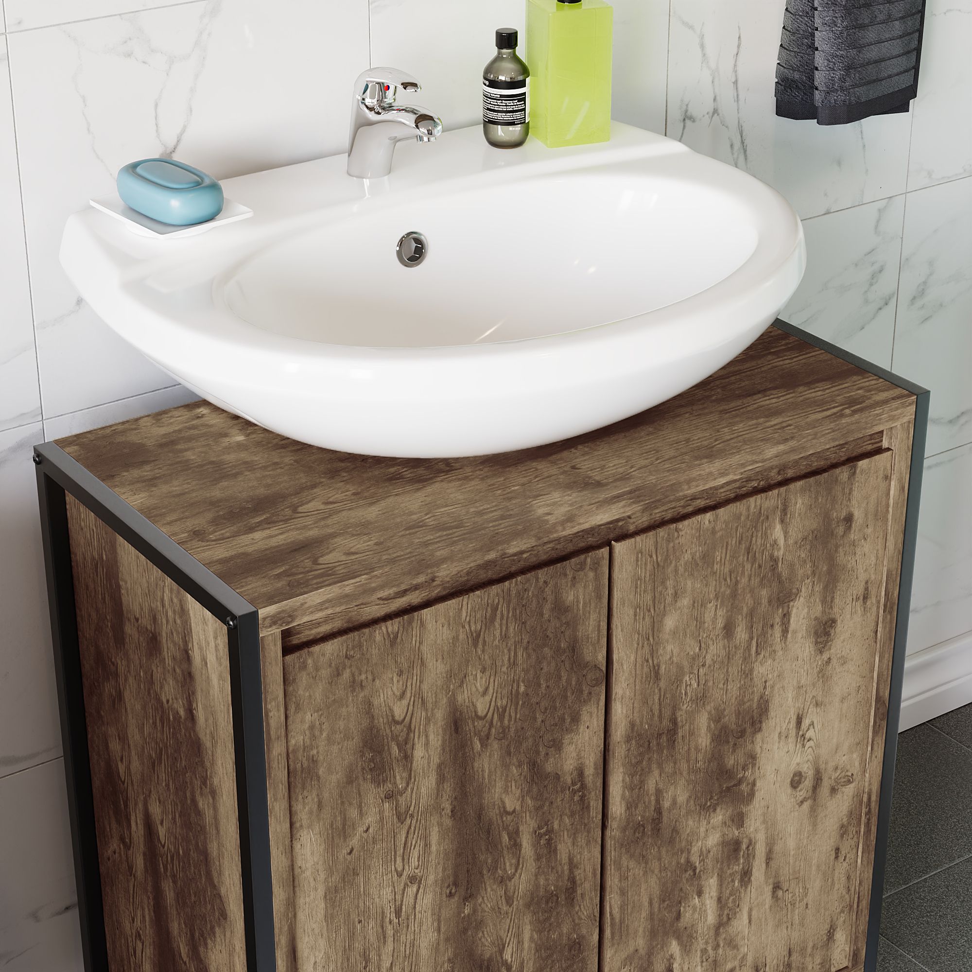 Lana Matt Brown Freestanding Double Bathroom Sink cabinet (H)65cm (W)60cm