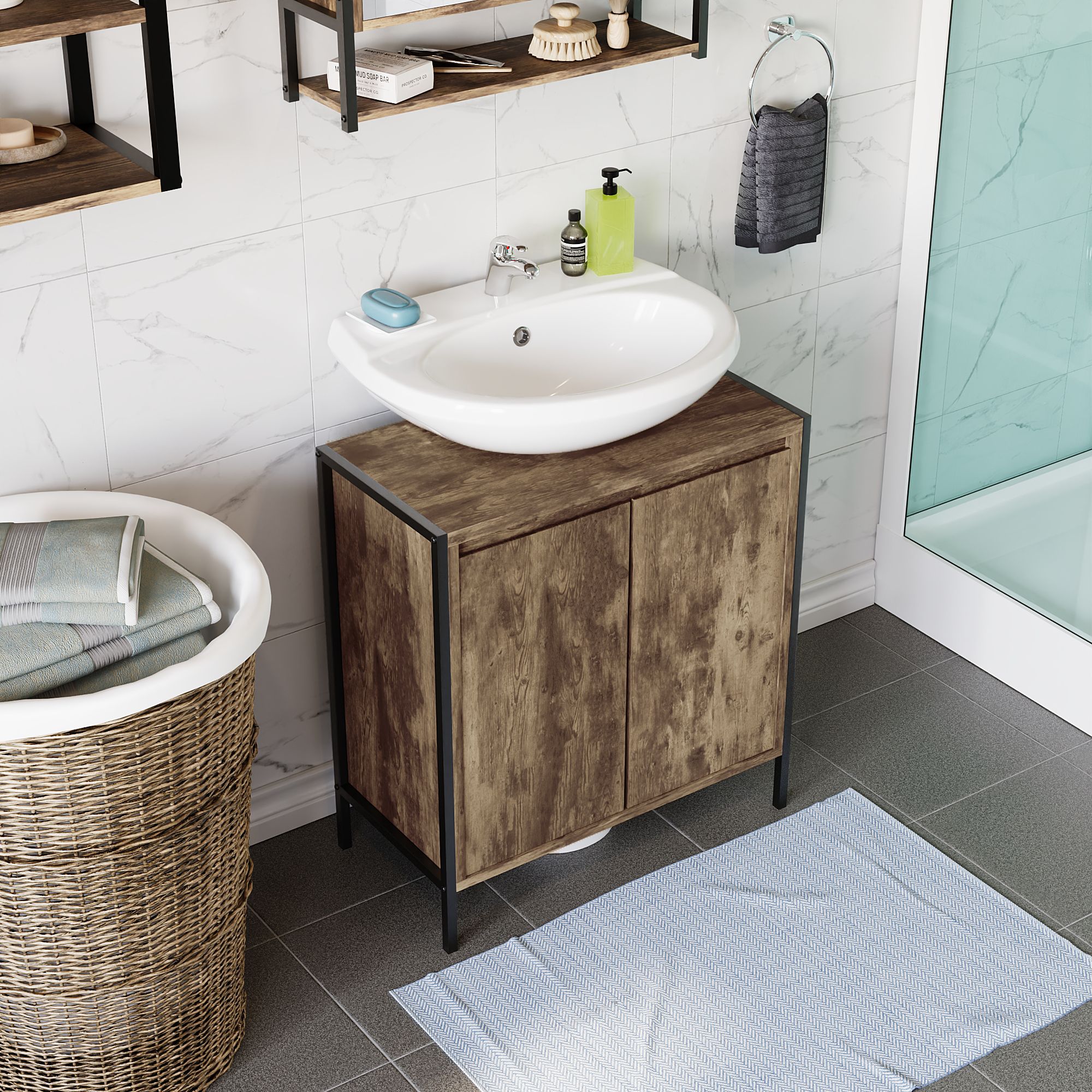 Lana Matt Brown Freestanding Double Bathroom Sink cabinet (H)65cm (W)60cm