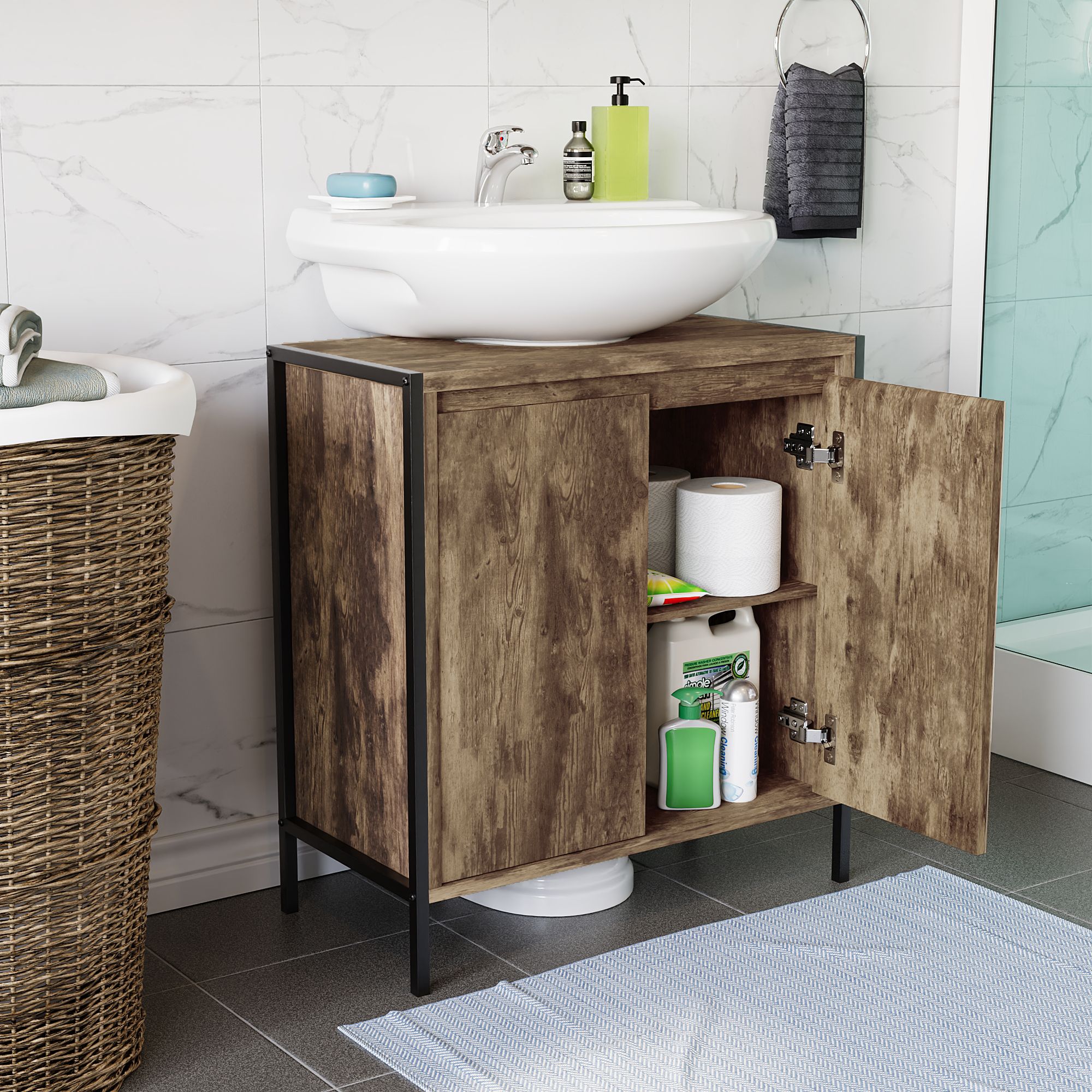 Lana Matt Brown Freestanding Double Bathroom Sink cabinet (H)65cm (W)60cm