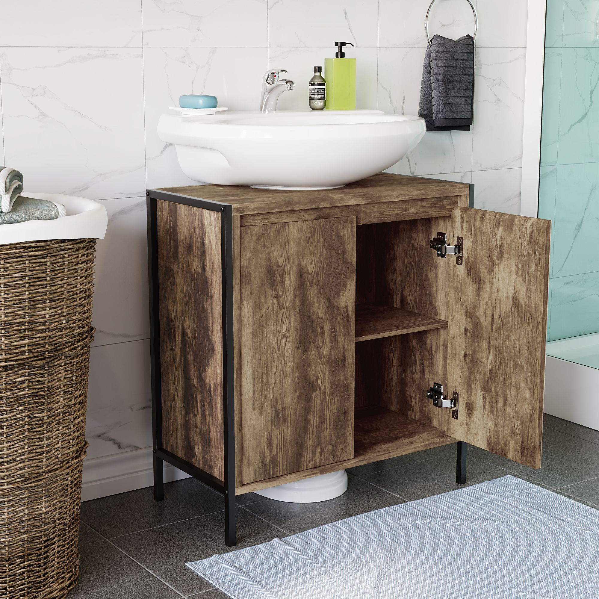 Lana Matt Brown Freestanding Double Bathroom Sink cabinet (H)65cm (W)60cm