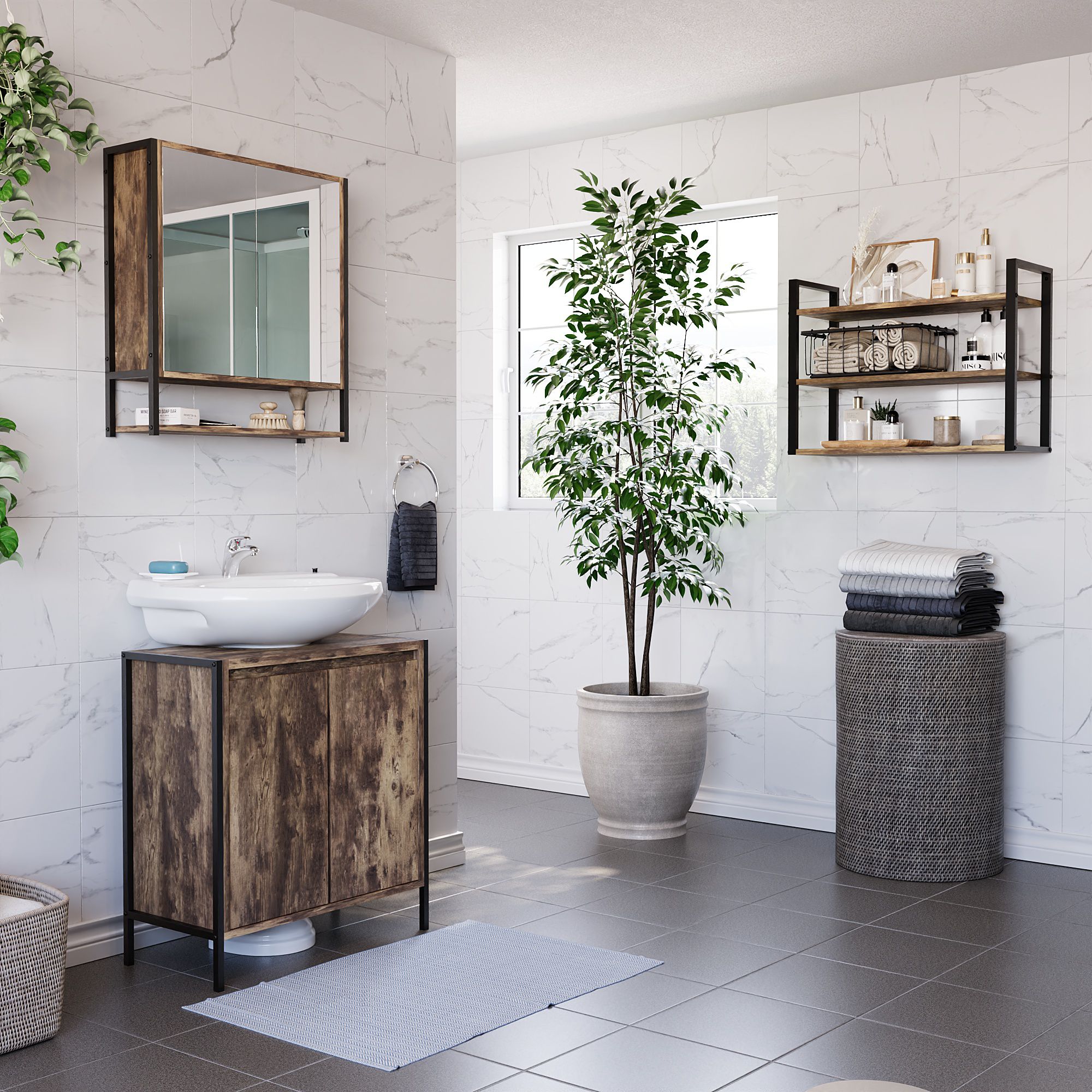 Lana Matt Brown Freestanding Double Bathroom Sink cabinet (H)65cm (W)60cm