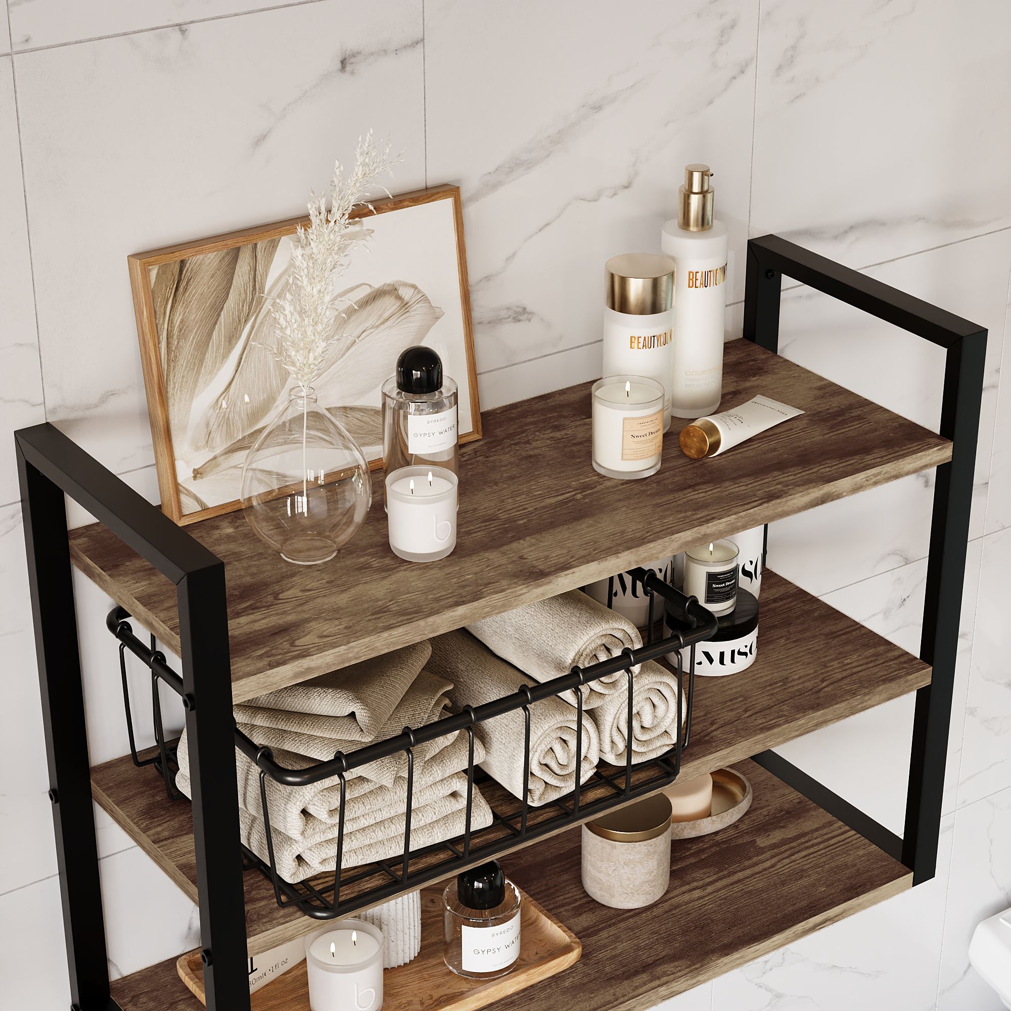 Wood and metal on sale bathroom shelves