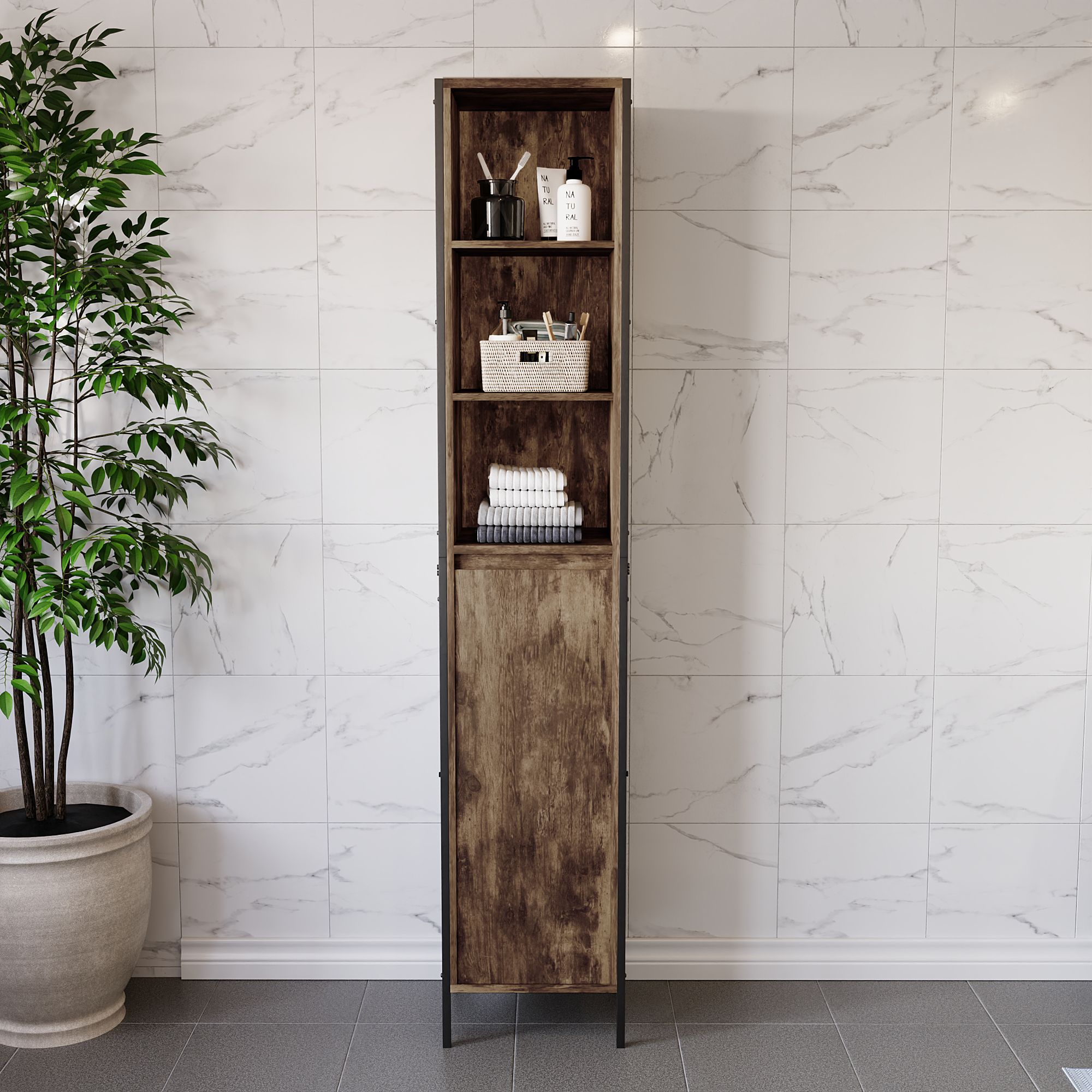 Lana Tall Matt Brown Single Freestanding Bathroom Cabinet (H)172cm (W)33cm