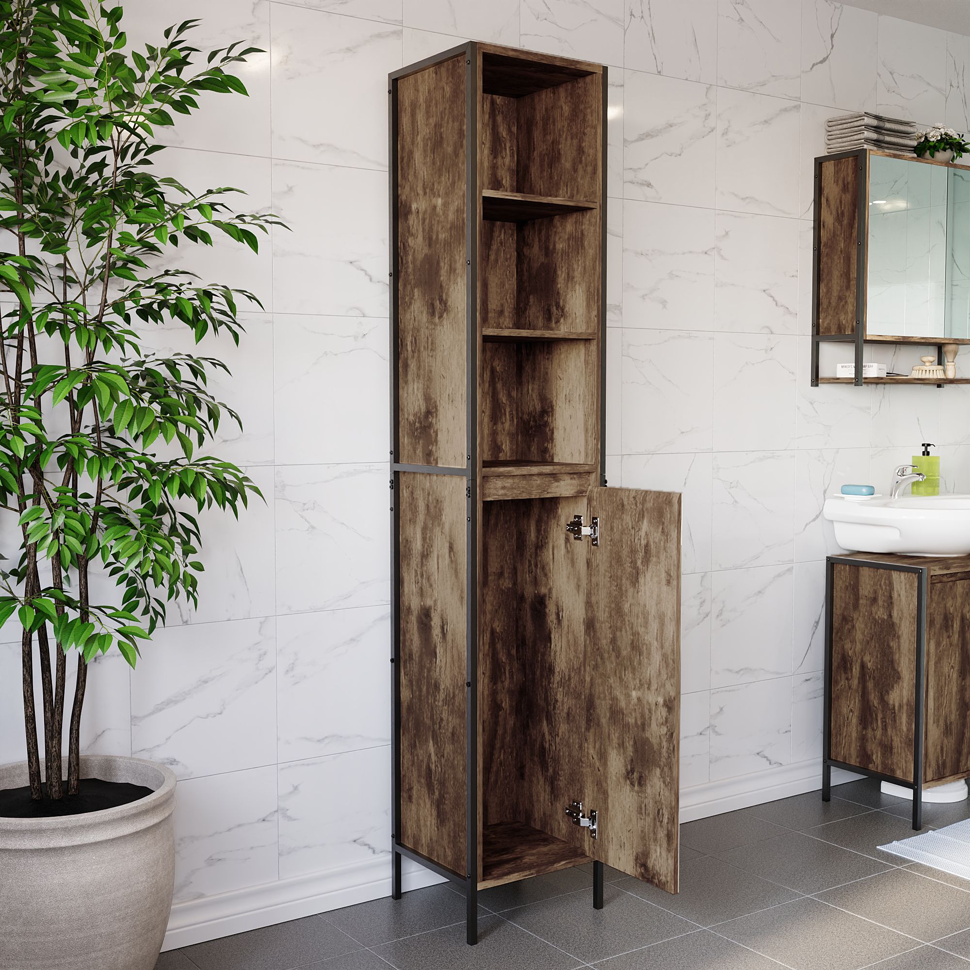 Lana Tall Matt Brown Single Freestanding Bathroom Cabinet (H)172cm (W)33cm