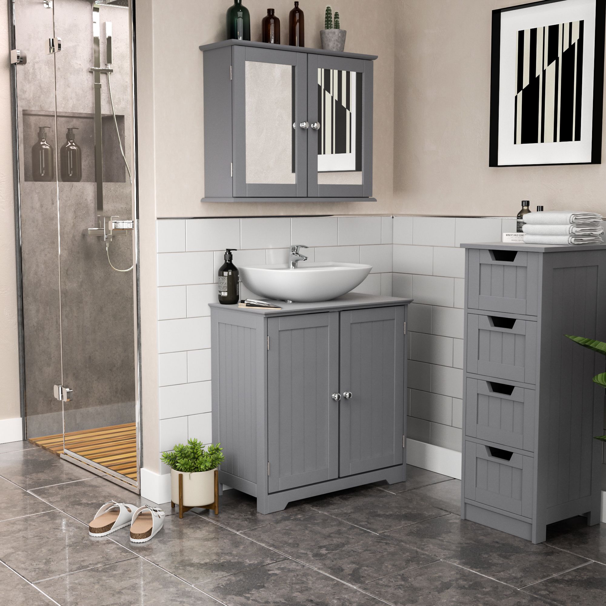 Lassic Hayle Matt Grey Double Bathroom Wall cabinet Mirrored (H)47cm (W)57cm