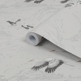 Laura Ashley Animalia Silver effect Bird Smooth Wallpaper Sample