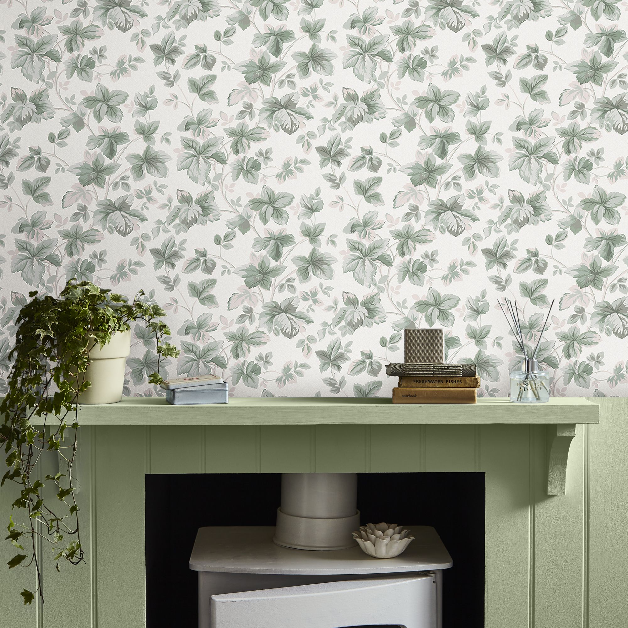Laura Ashley Autumn Sage green Leaves Smooth Wallpaper Sample