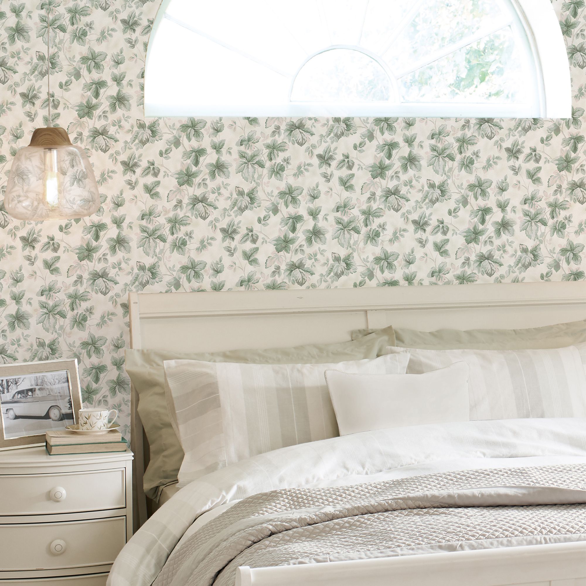 Laura Ashley Autumn Sage green Leaves Smooth Wallpaper Sample