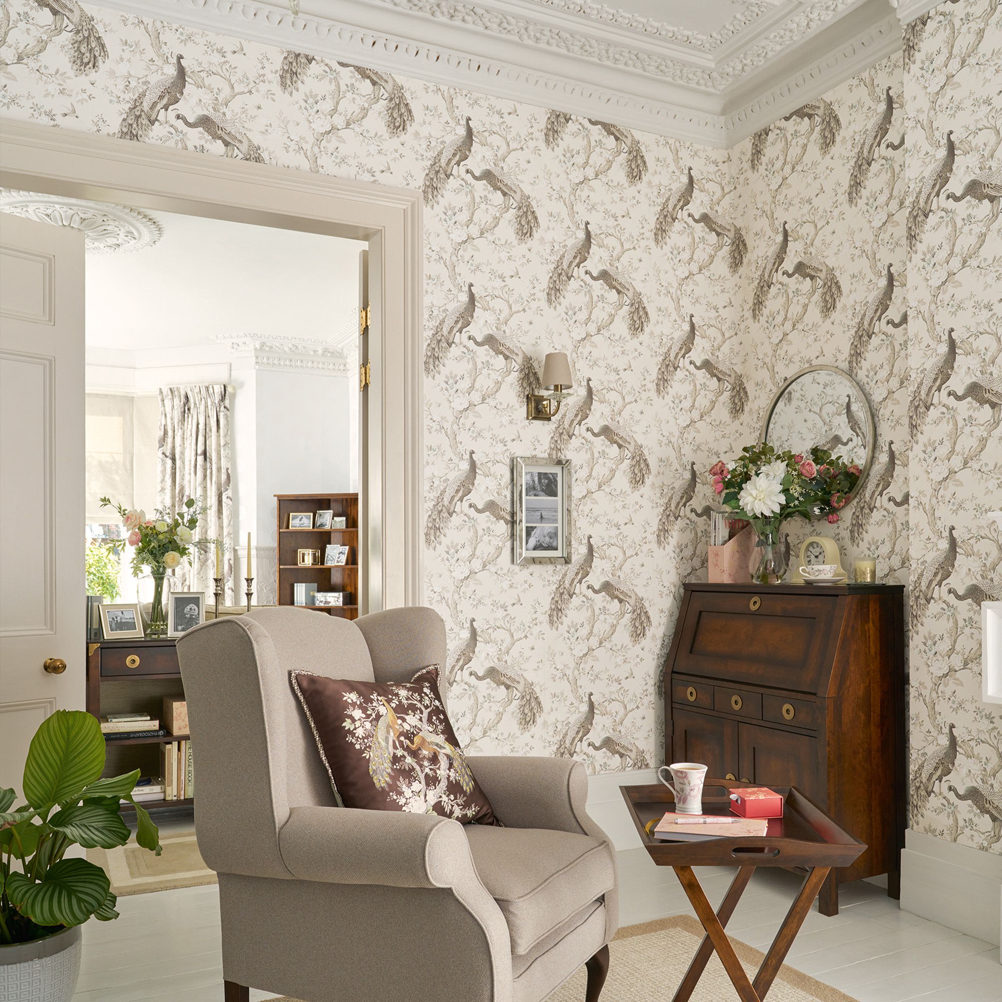 Laura Ashley Belvedere Soft truffle Peacock Smooth Wallpaper Sample