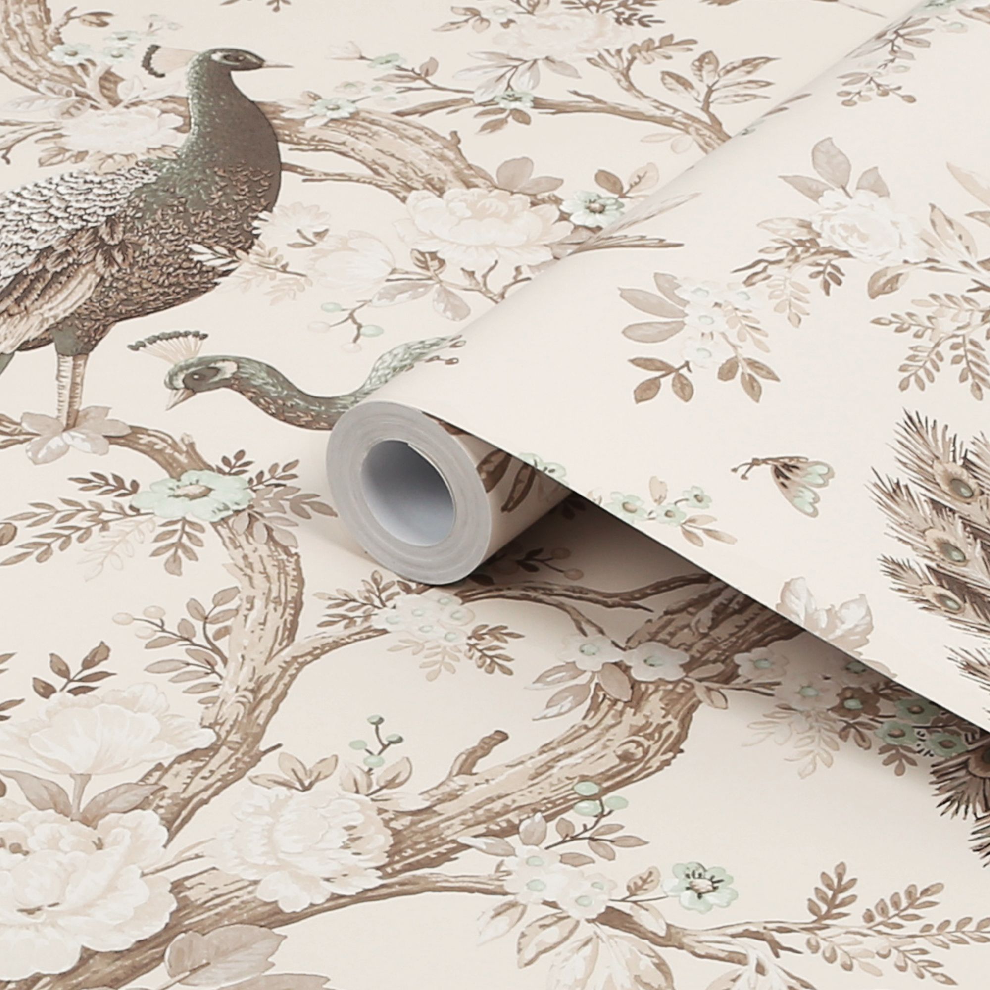 Laura Ashley Belvedere Soft truffle Peacock Smooth Wallpaper