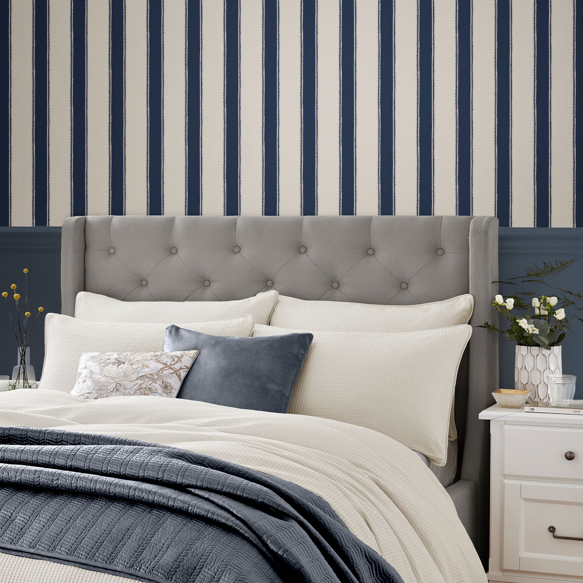 Laura Ashley Botanical Diary Midnight Seaspray & Cream Denwick Stripe Smooth Wallpaper