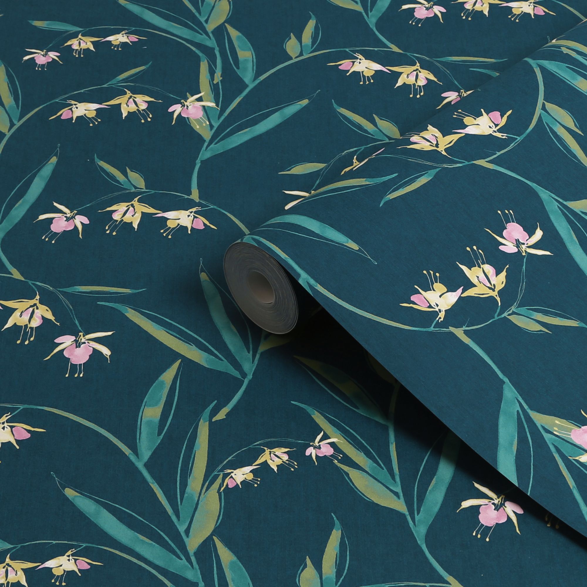 Laura Ashley Botanical Diary Midnight Seaspray Fulwell Fuchsia Smooth Wallpaper