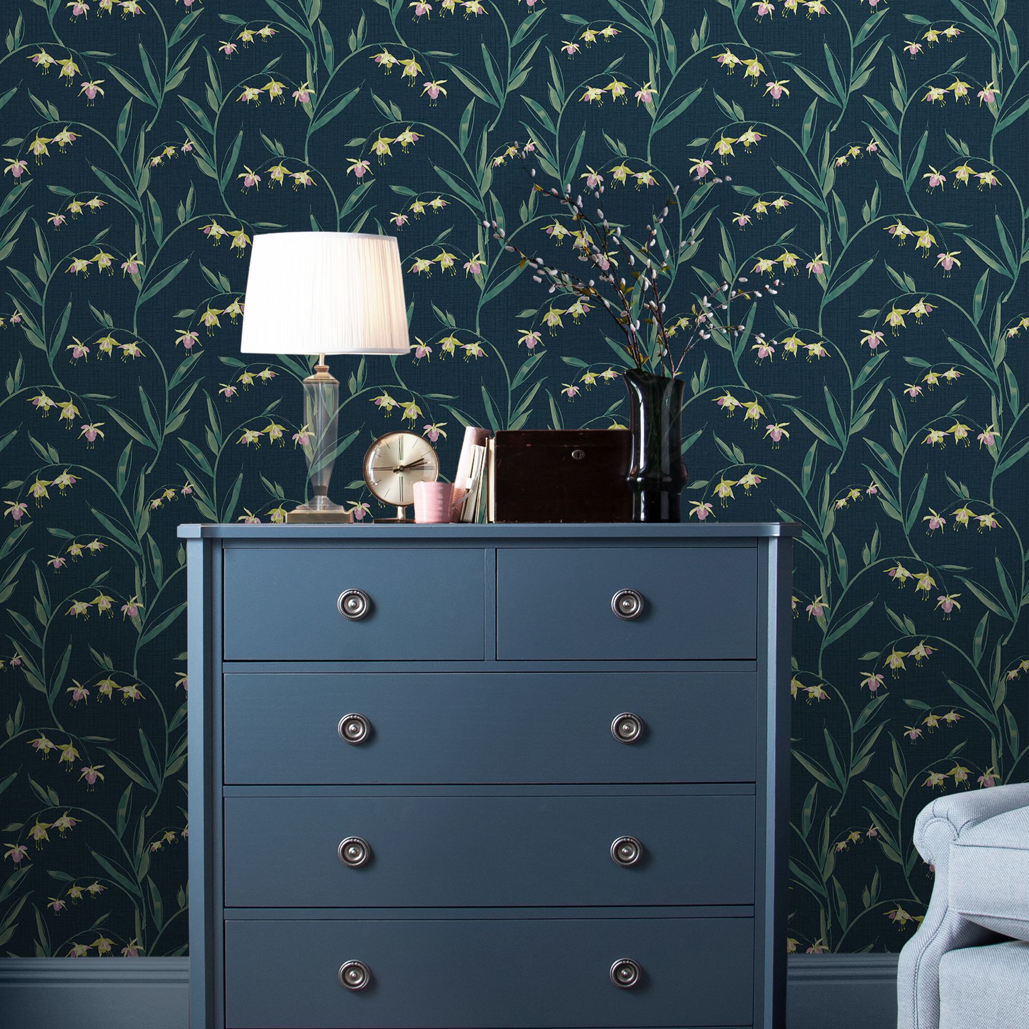 Laura Ashley Botanical Diary Midnight Seaspray Fulwell Fuchsia Smooth Wallpaper