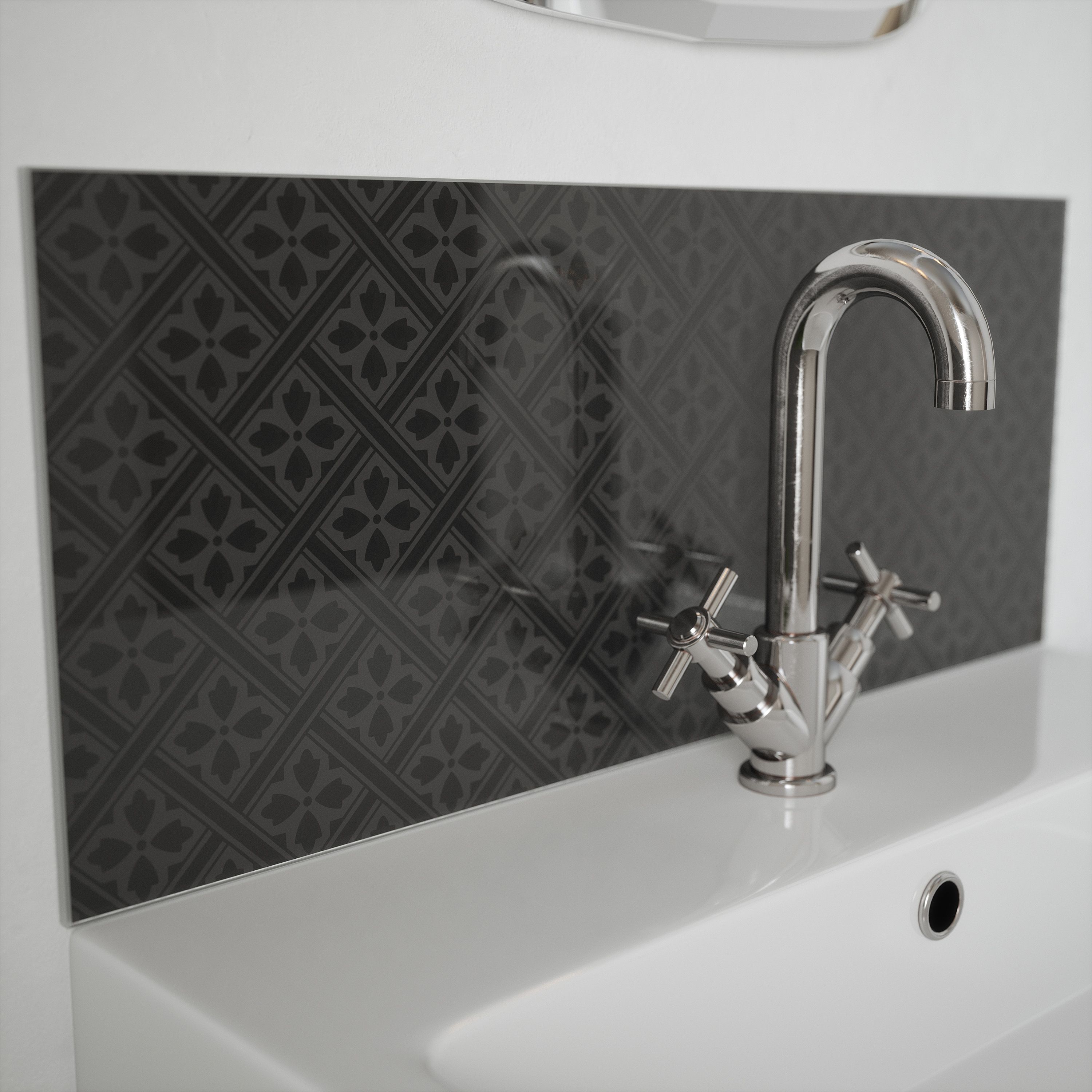 Laura Ashley Charcoal Mr Jones Glass Self-adhesive Bathroom Splashback (H)25cm (W)60cm