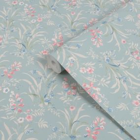 Laura Ashley Duck Egg & Pink Mosedale Posy Smooth Wallpaper