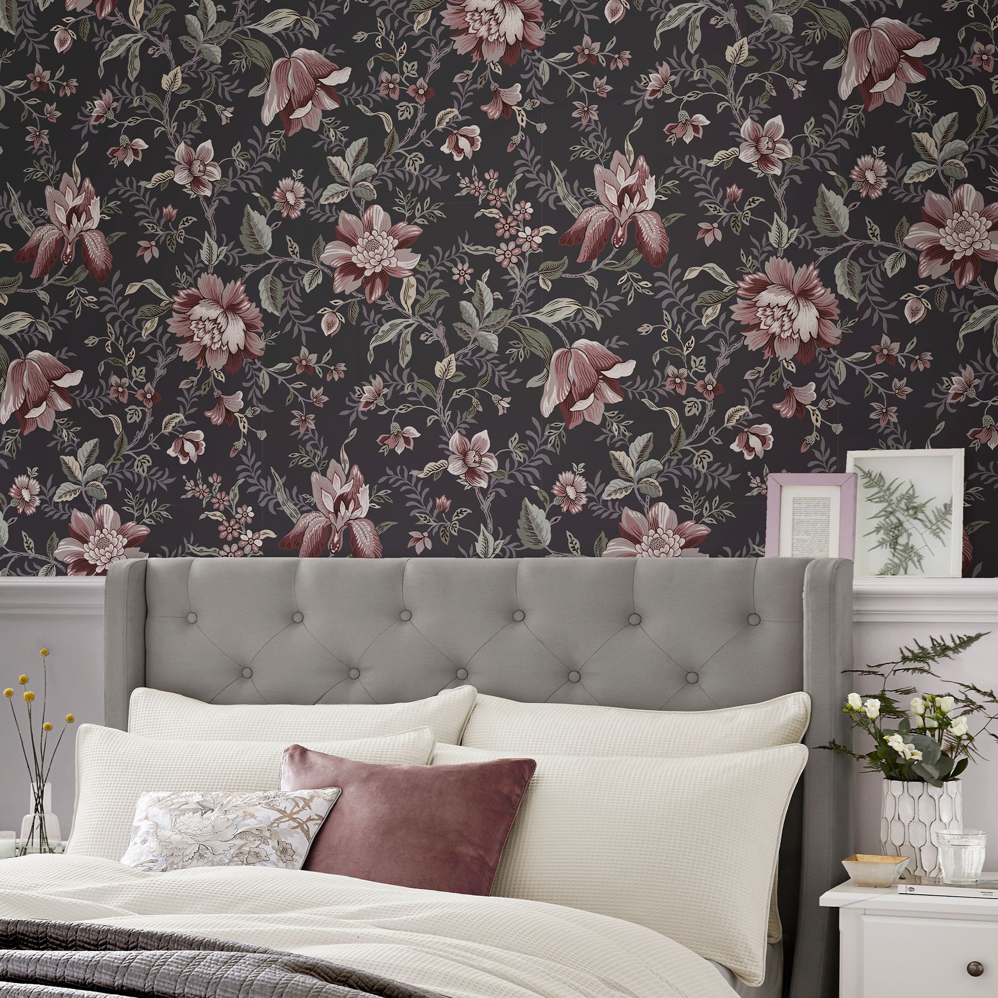 Laura Ashley Faded Glamour Edita’s Garden Charcoal Grey Smooth Wallpaper