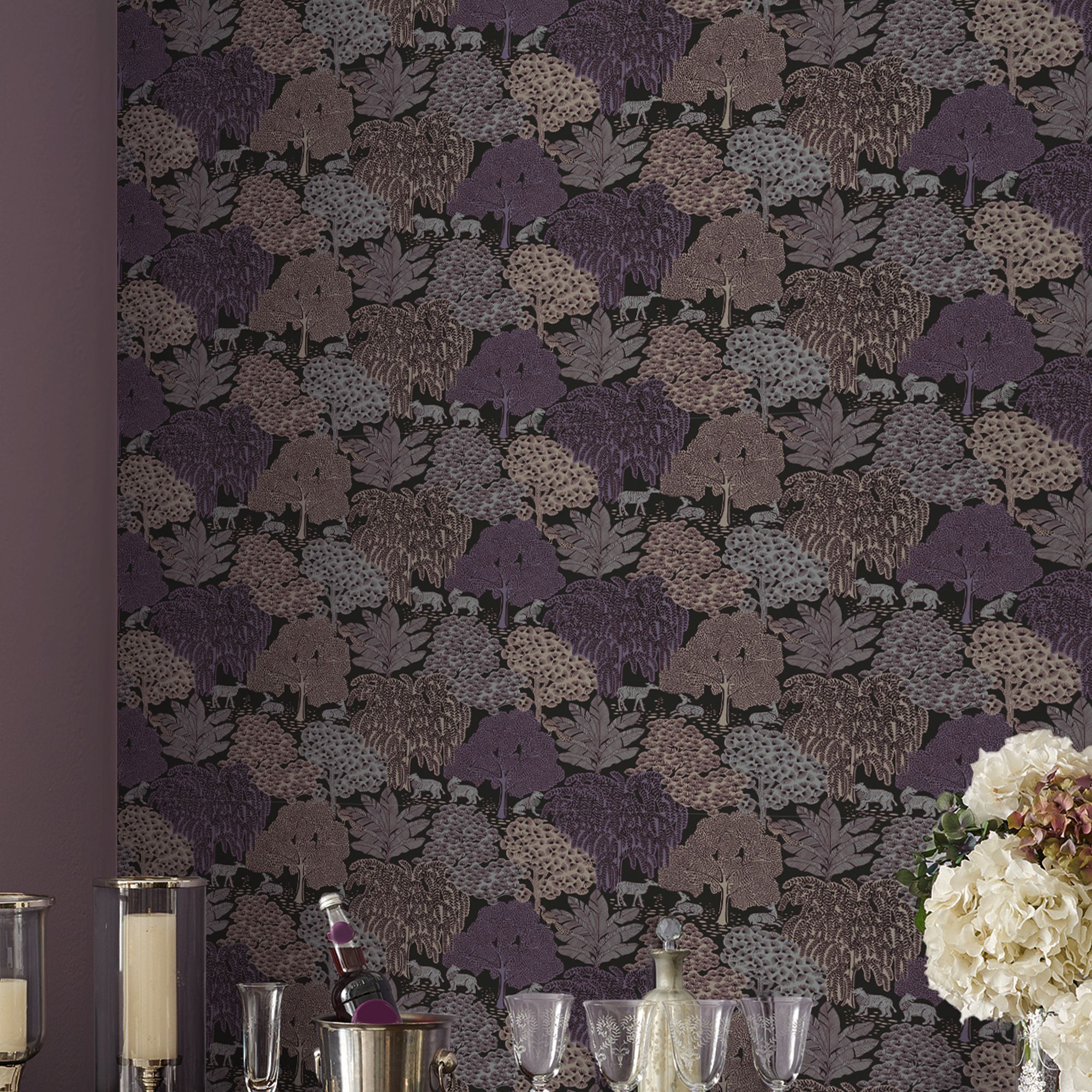 Laura Ashley Faded Glamour Garwood Grove Violet Grey Smooth Wallpaper
