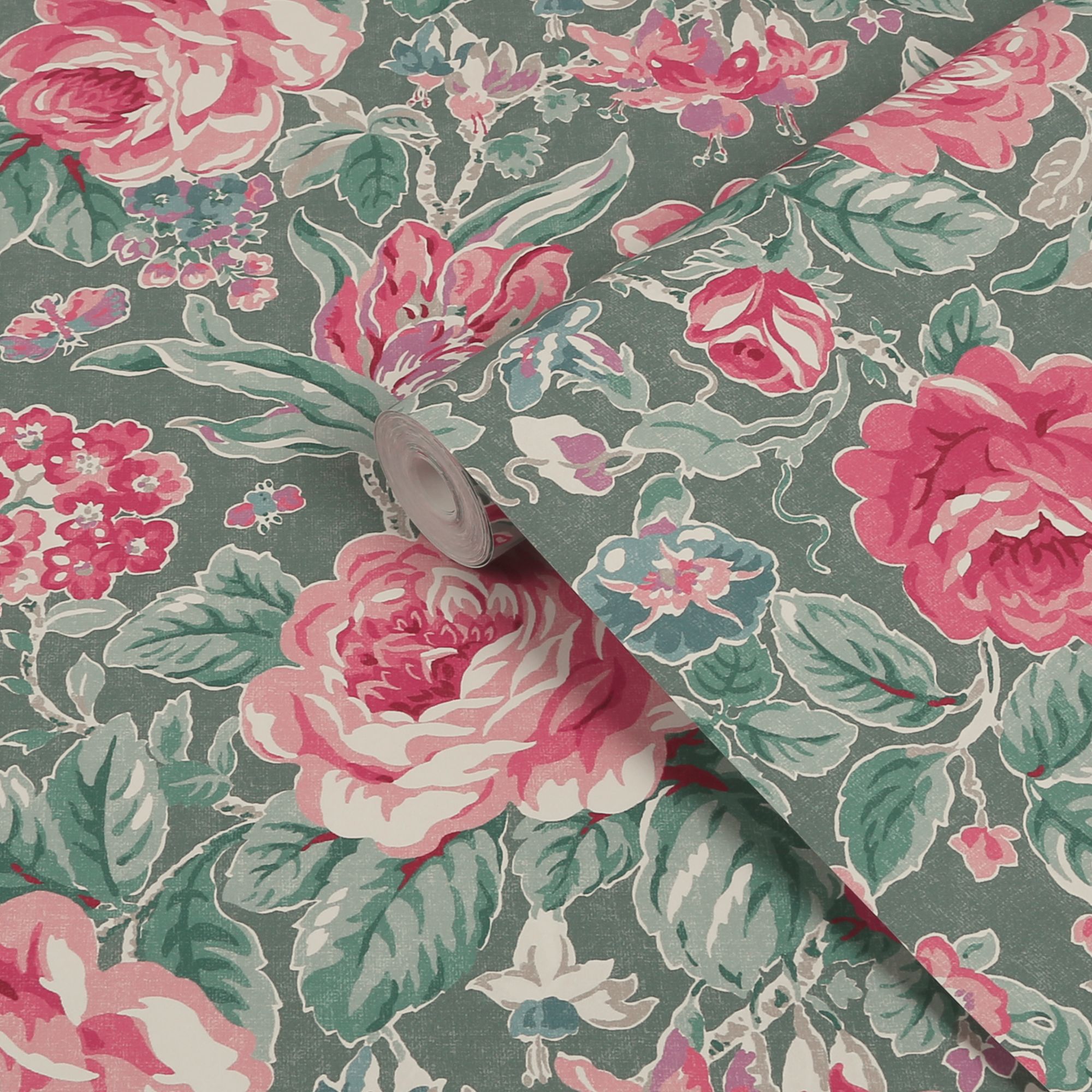 Laura Ashley Fern Green & Pink Wild Roses Smooth Wallpaper | Tradepoint