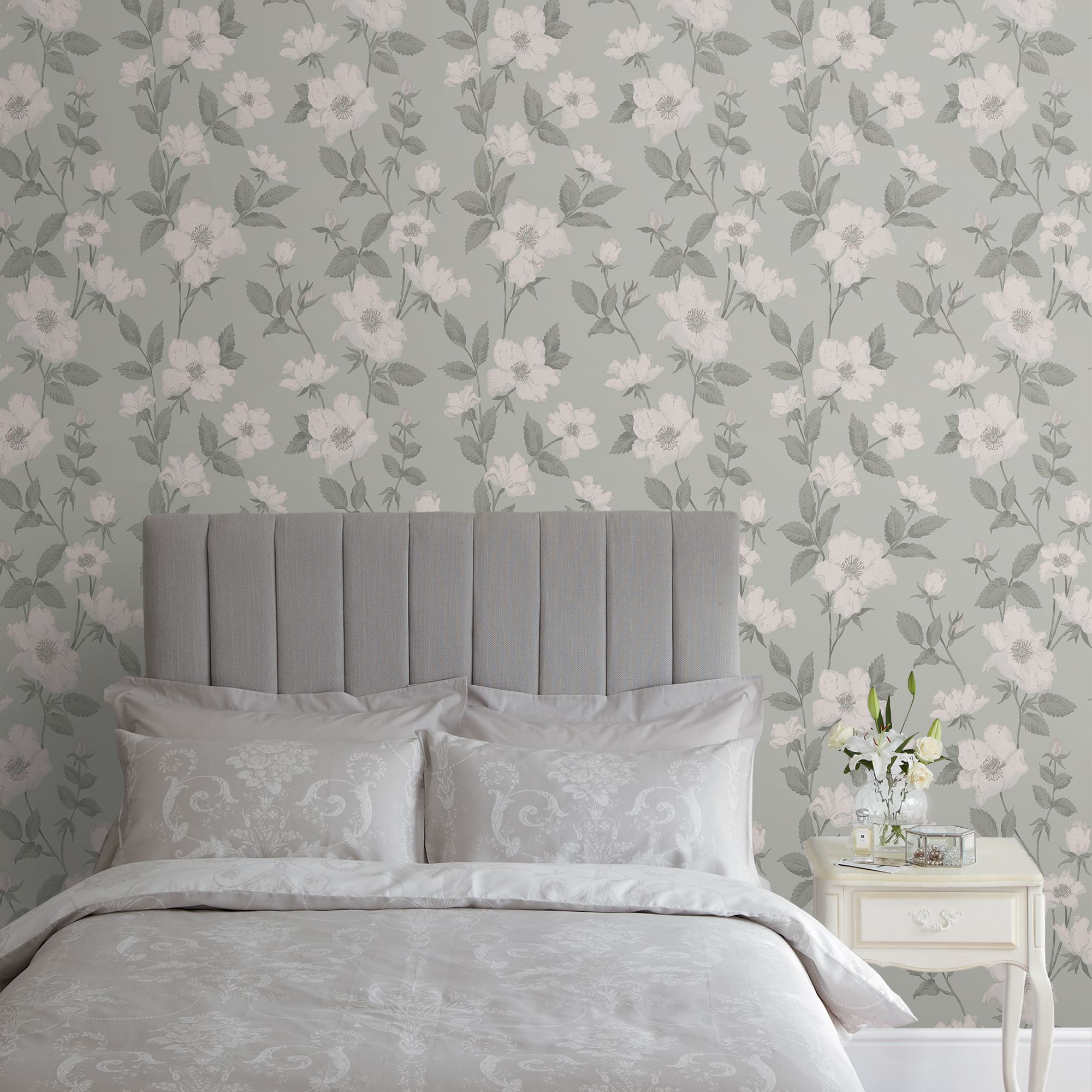 Laura Ashley Fleurir Smoke green Floral Smooth Wallpaper Sample