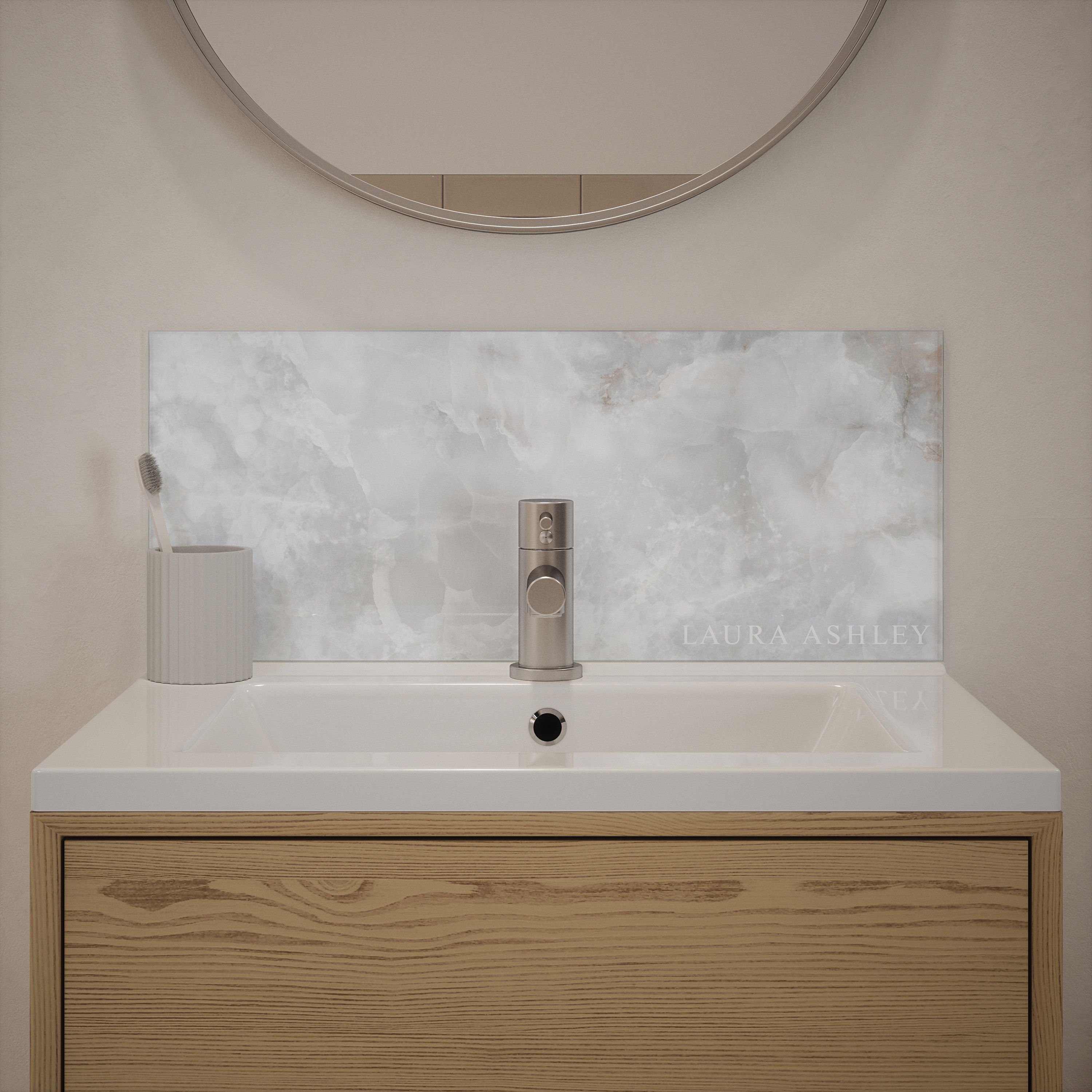 Laura Ashley Gloss Dove grey Onyx Marble effect Glass Self-adhesive Bathroom Splashback (H)25cm (W)60cm