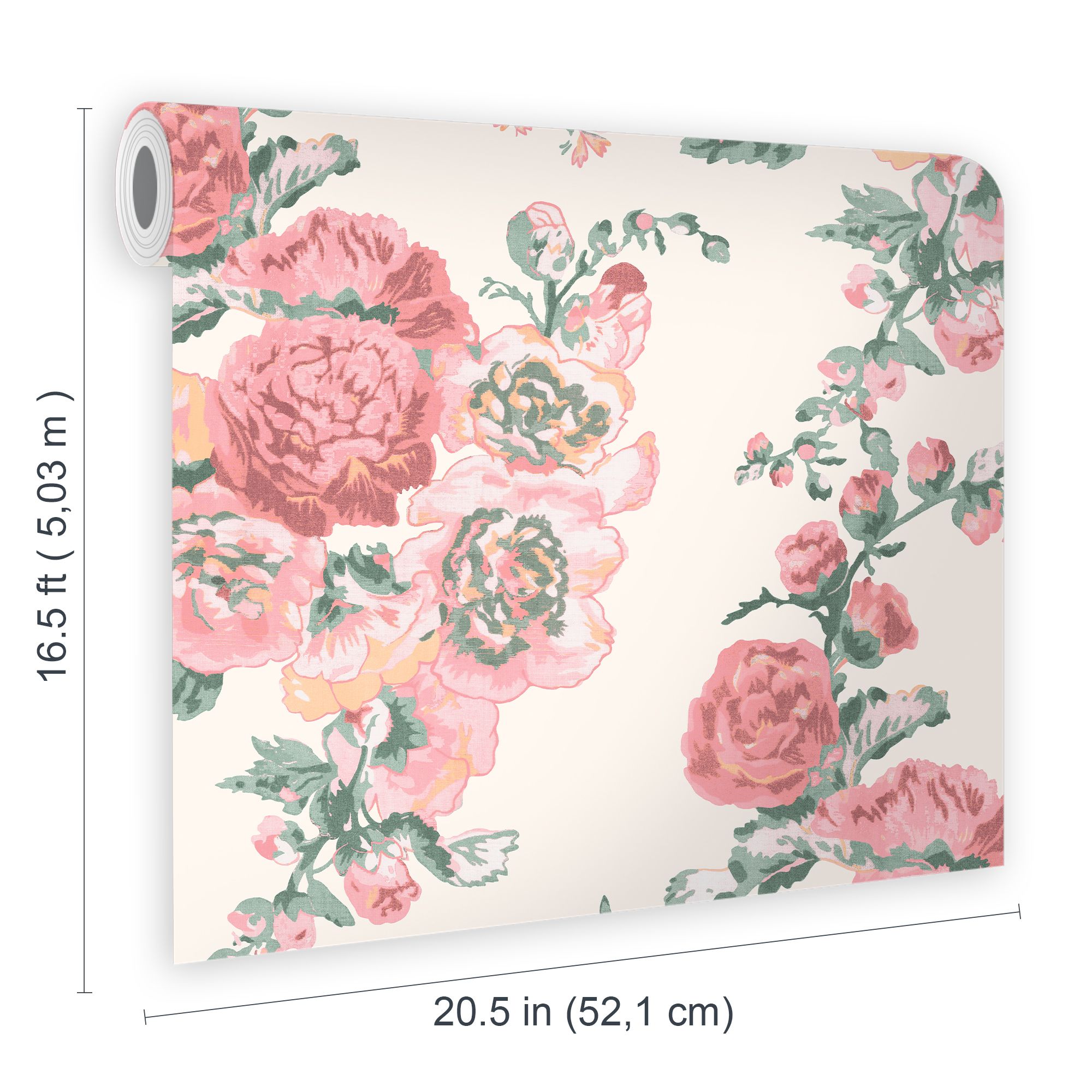 Laura Ashley Hollyhocks Coral Pink Floral Smooth Wallpaper Sample