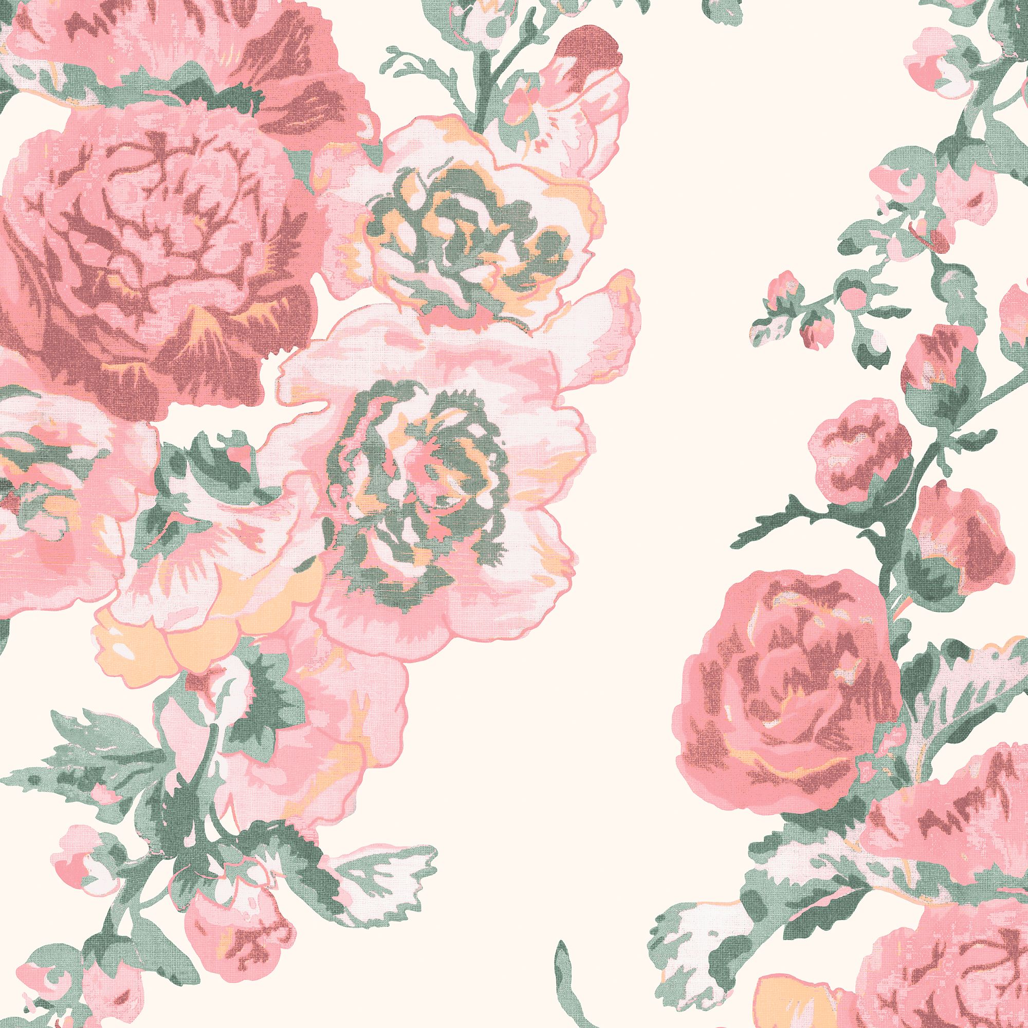 Laura Ashley Hollyhocks Coral Pink Floral Smooth Wallpaper Sample