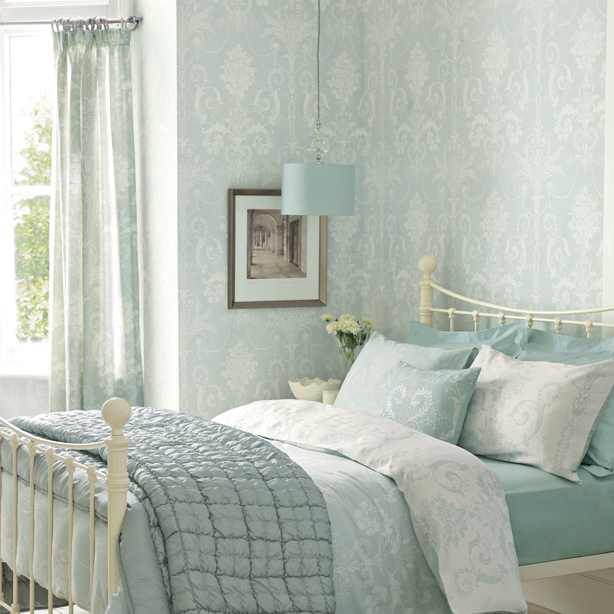 Laura Ashley Josette Duck egg Damask Smooth Wallpaper Sample