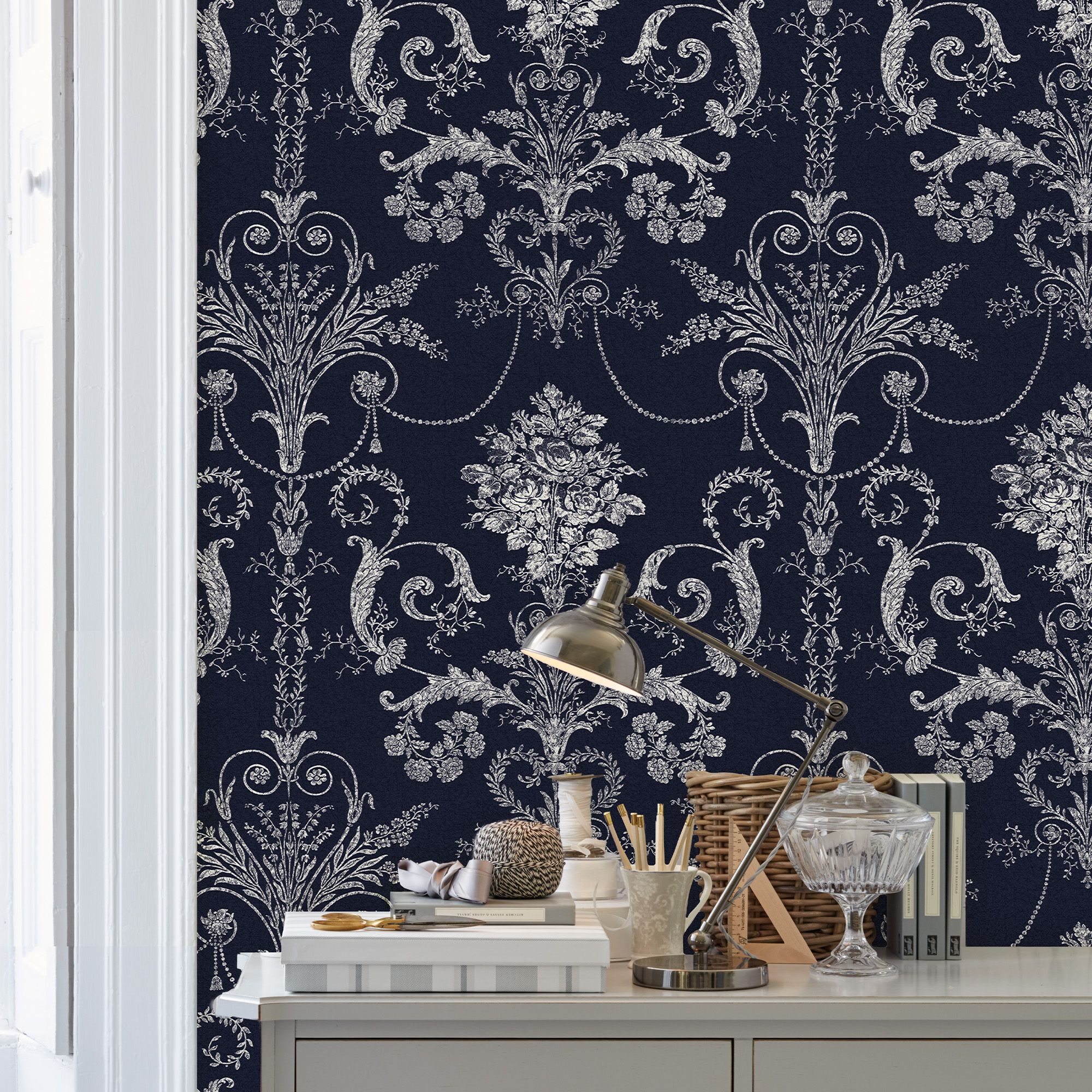 Laura Ashley Josette Midnight Damask Smooth Wallpaper Sample
