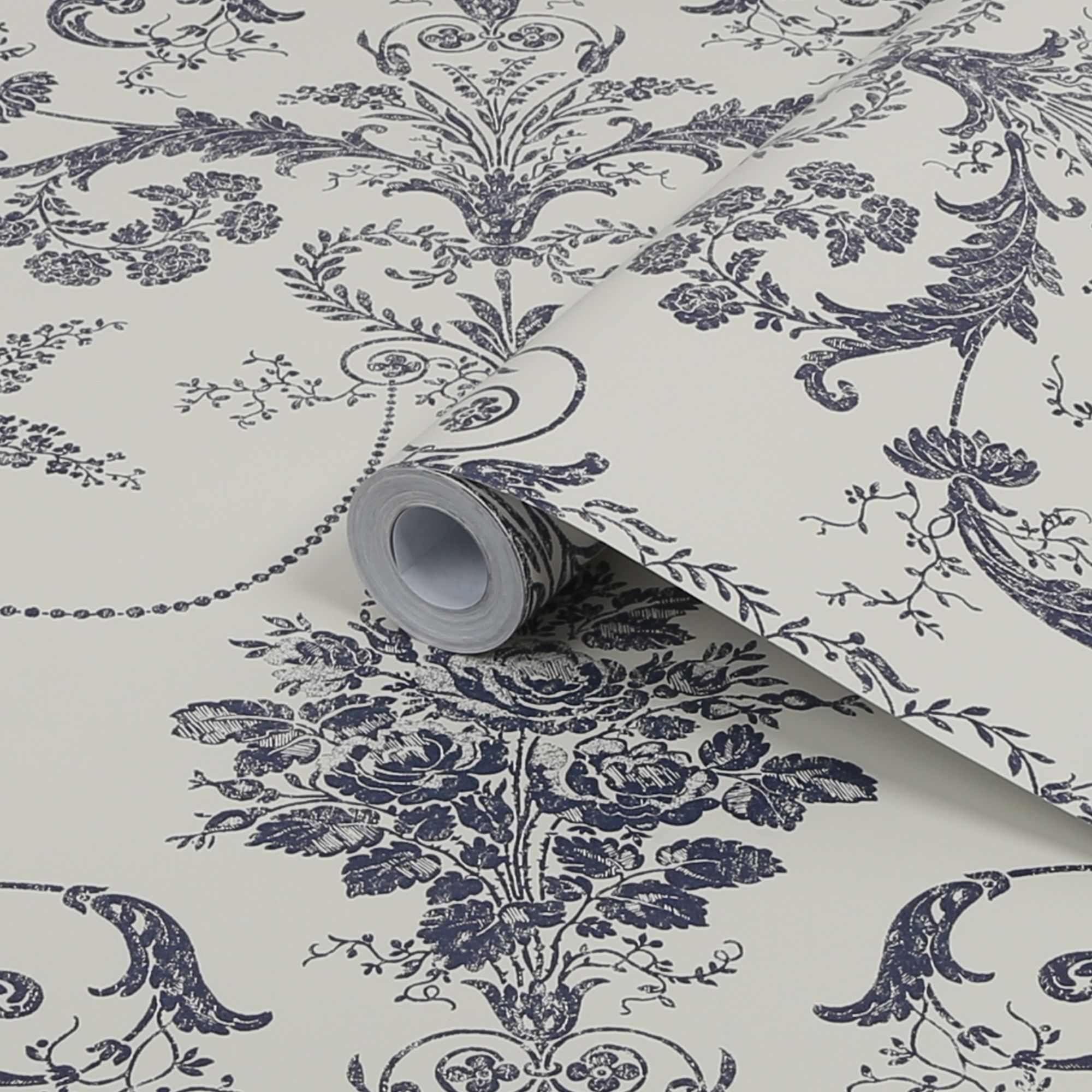 Laura Ashley Josette Midnight & off white Damask Smooth Wallpaper