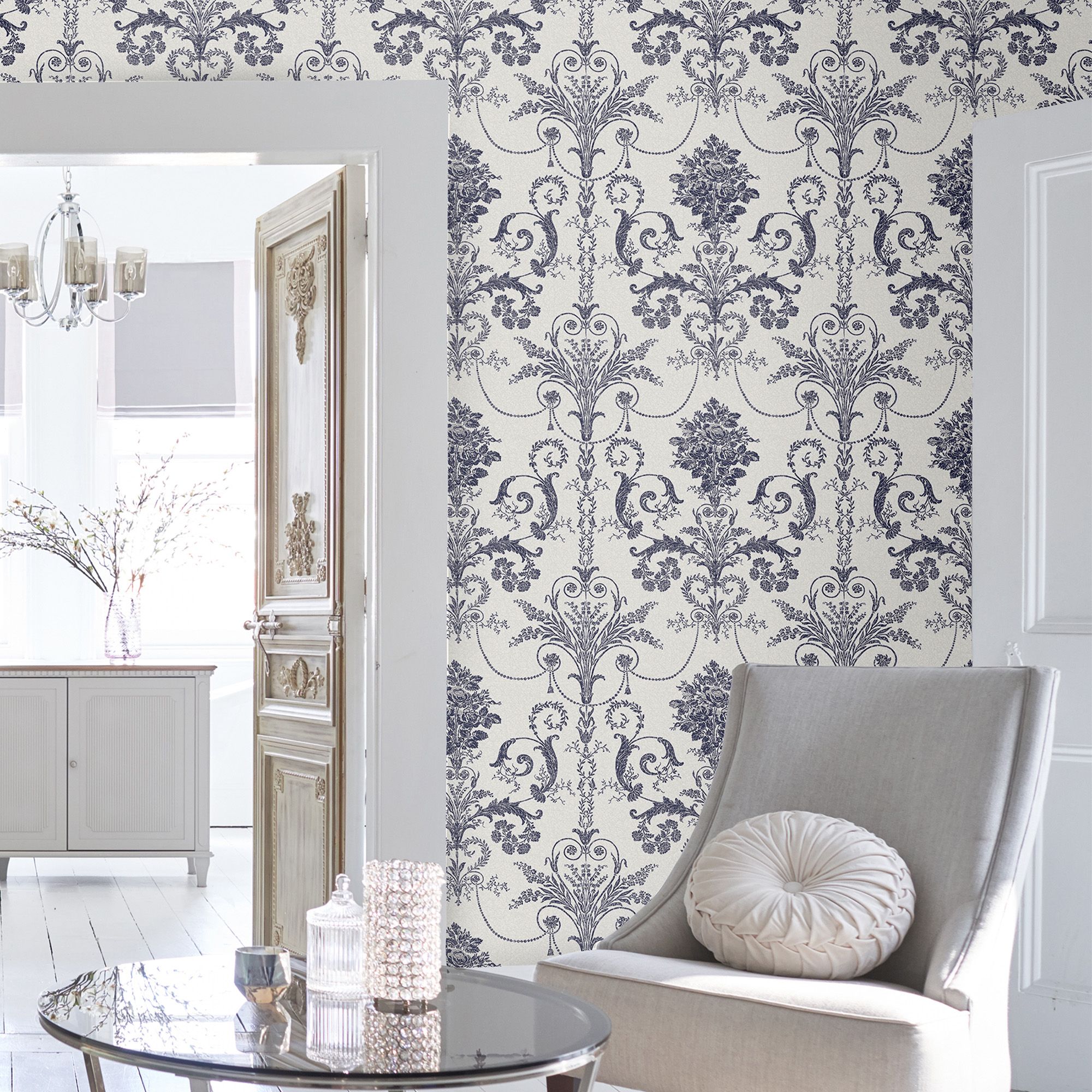 Laura Ashley Josette Midnight & off white Damask Smooth Wallpaper Sample