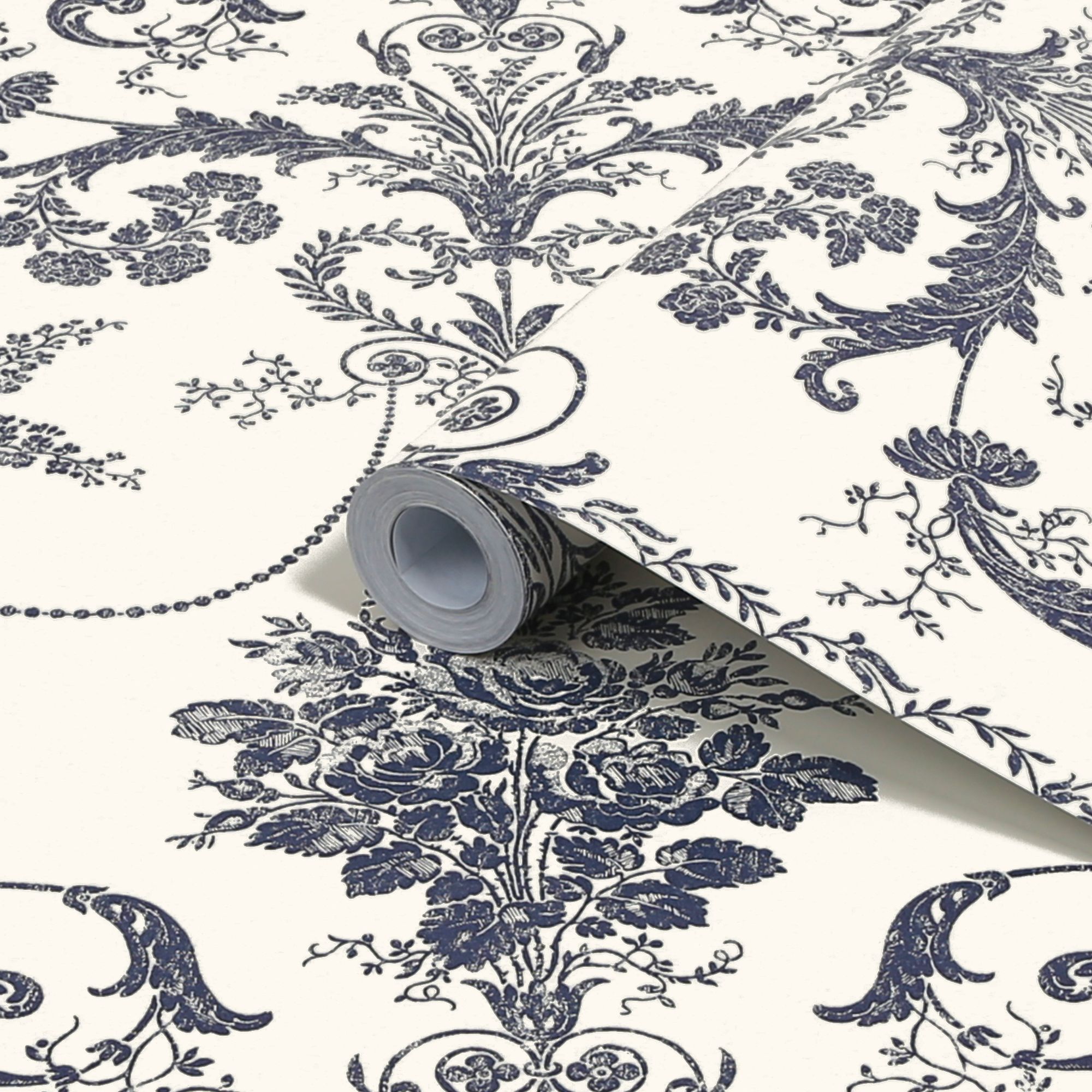 Laura Ashley Josette Midnight & off white Damask Smooth Wallpaper