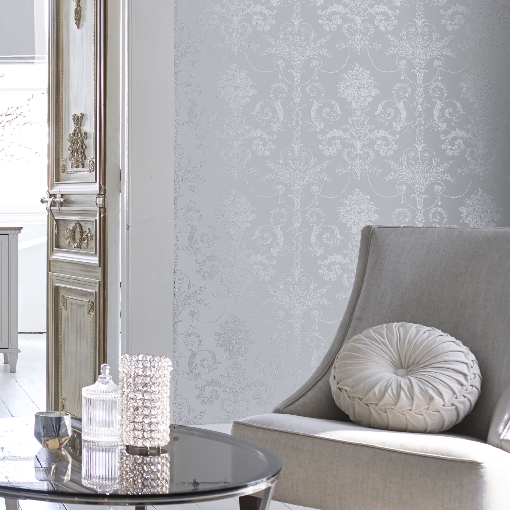Laura Ashley Josette Silver effect Damask Smooth Wallpaper Sample