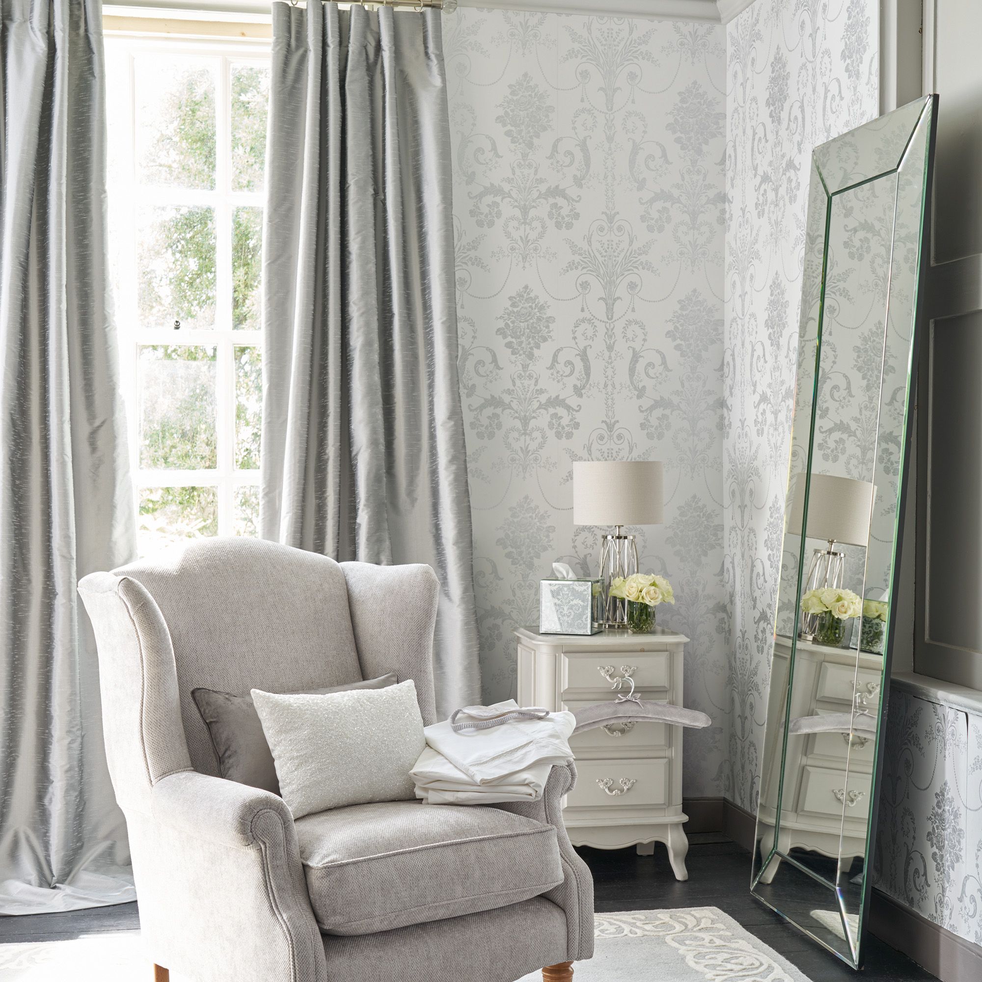 Laura Ashley Josette Silver effect Damask Smooth Wallpaper Sample