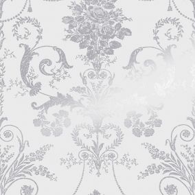 Laura Ashley Josette Silver effect Damask Smooth Wallpaper