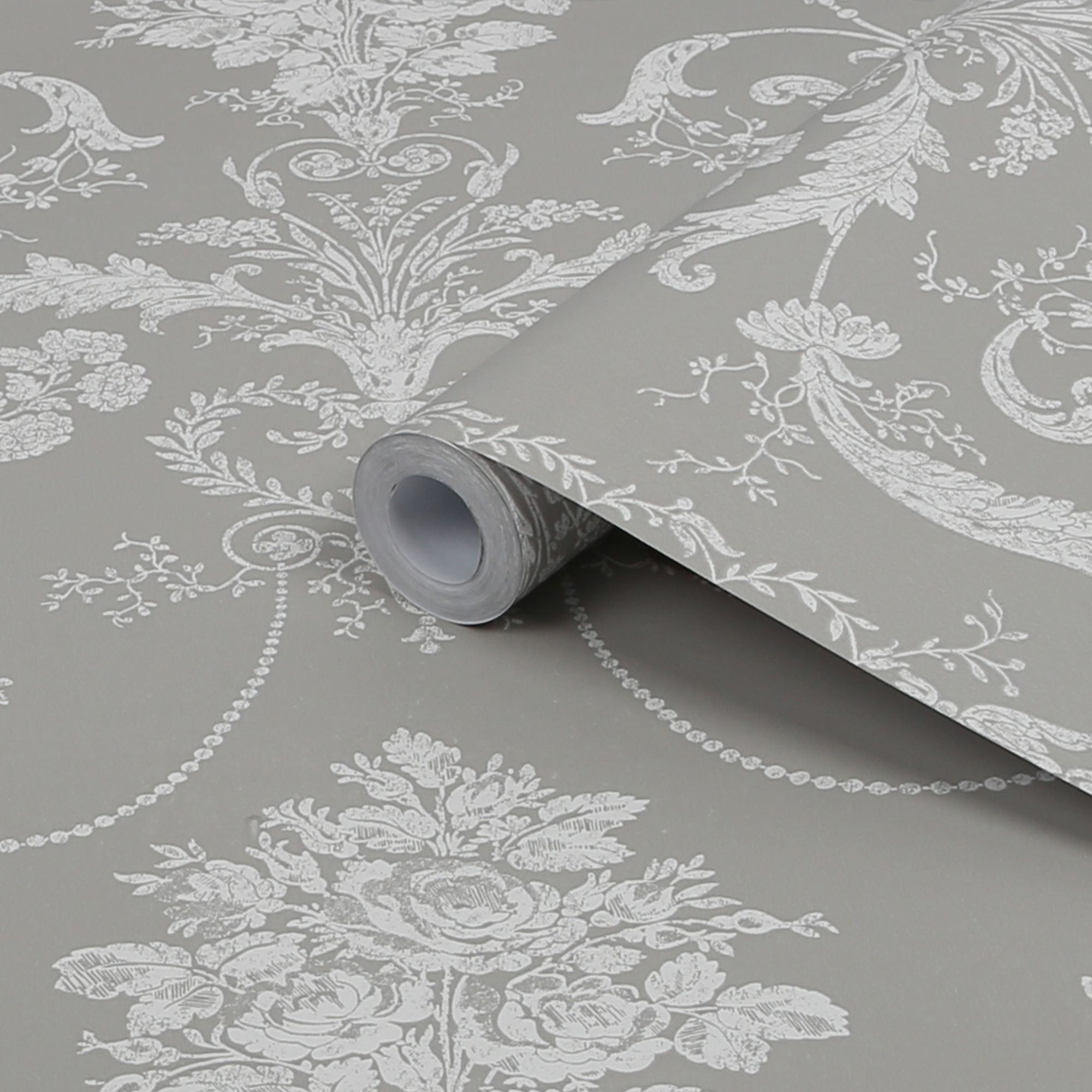 Laura Ashley Josette Steel Damask Smooth Wallpaper Sample Tradepoint