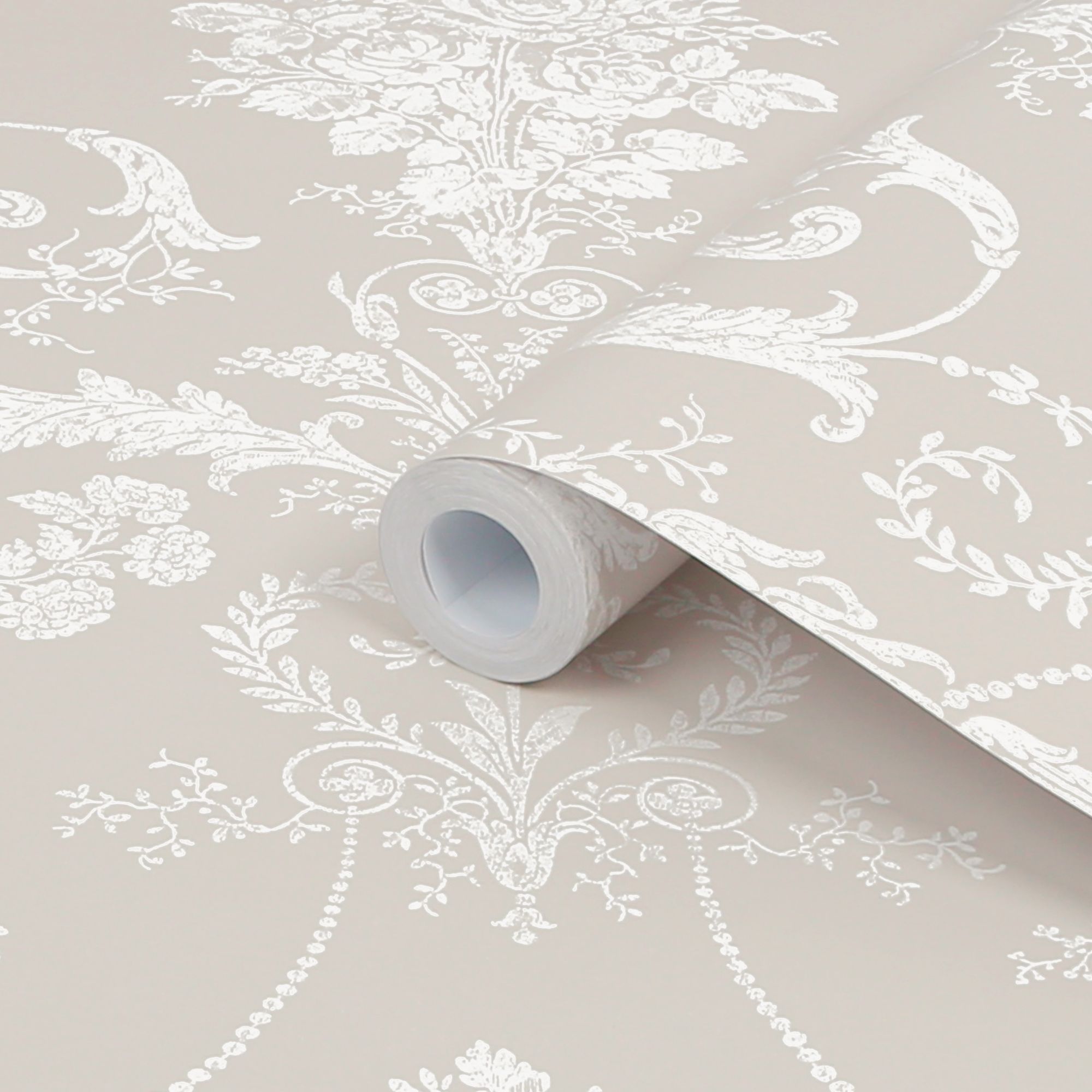Laura Ashley Josette White & dove grey Damask Smooth Wallpaper