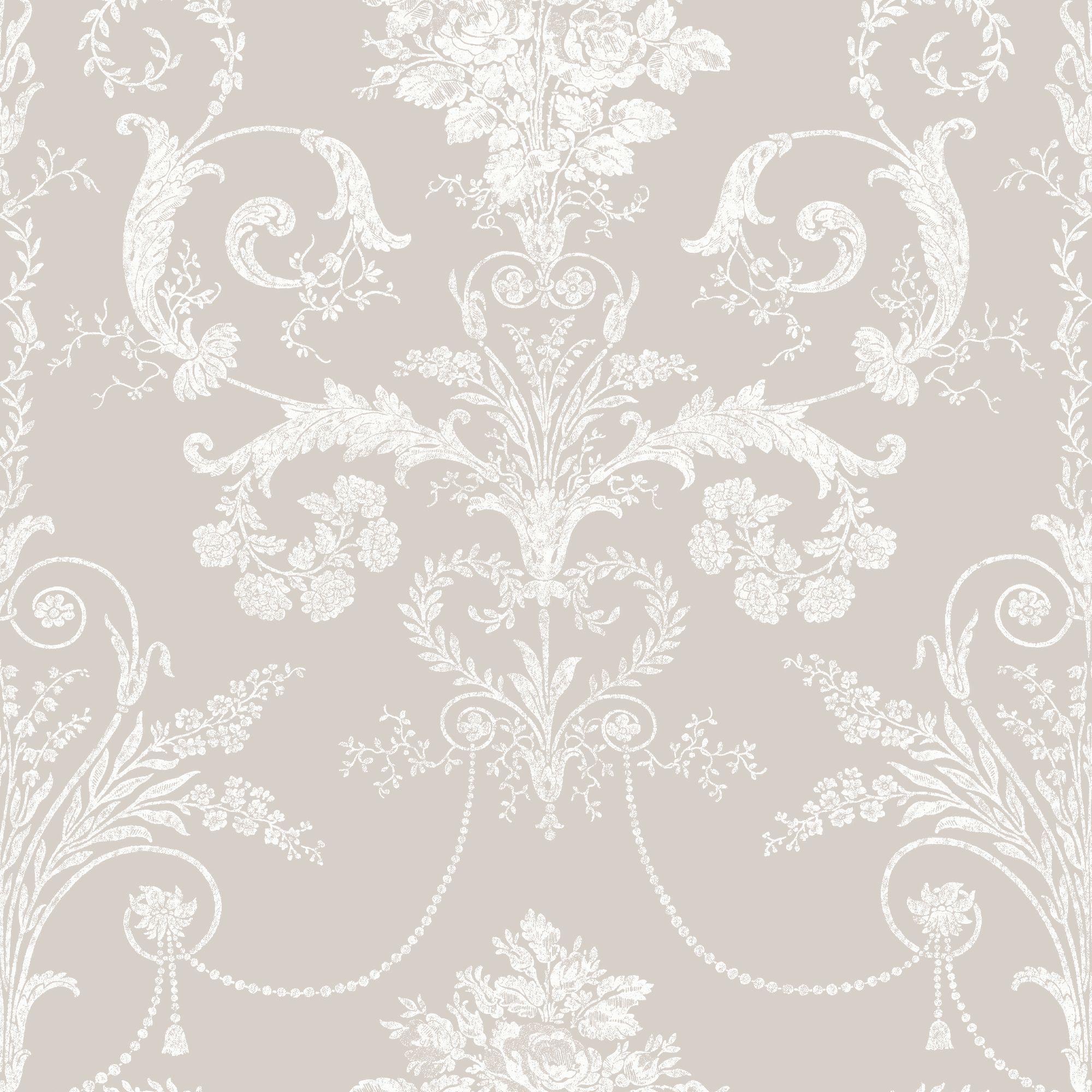 Laura Ashley Josette White & dove grey Damask Smooth Wallpaper