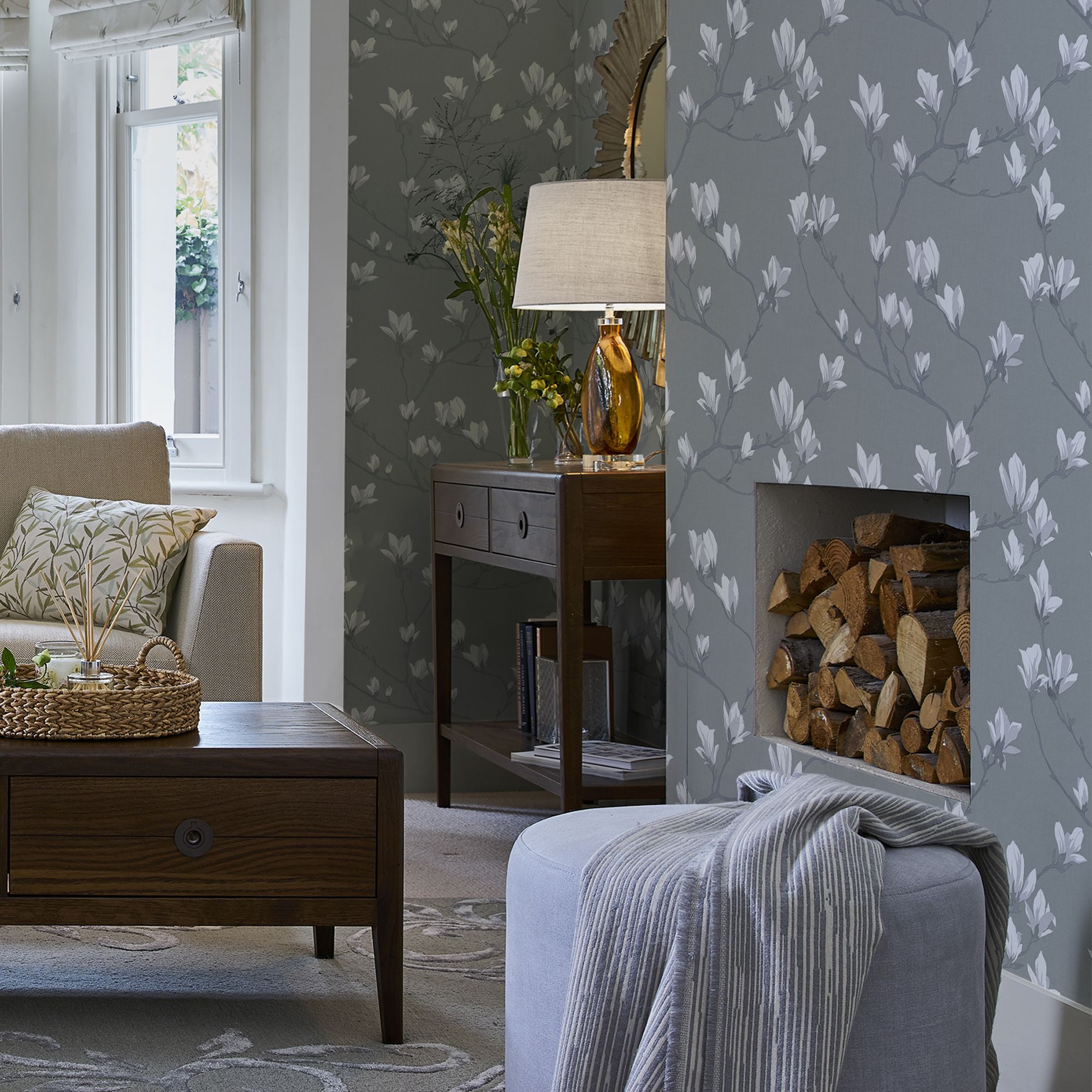 Laura Ashley Magnolia grove Slate Floral Smooth Wallpaper